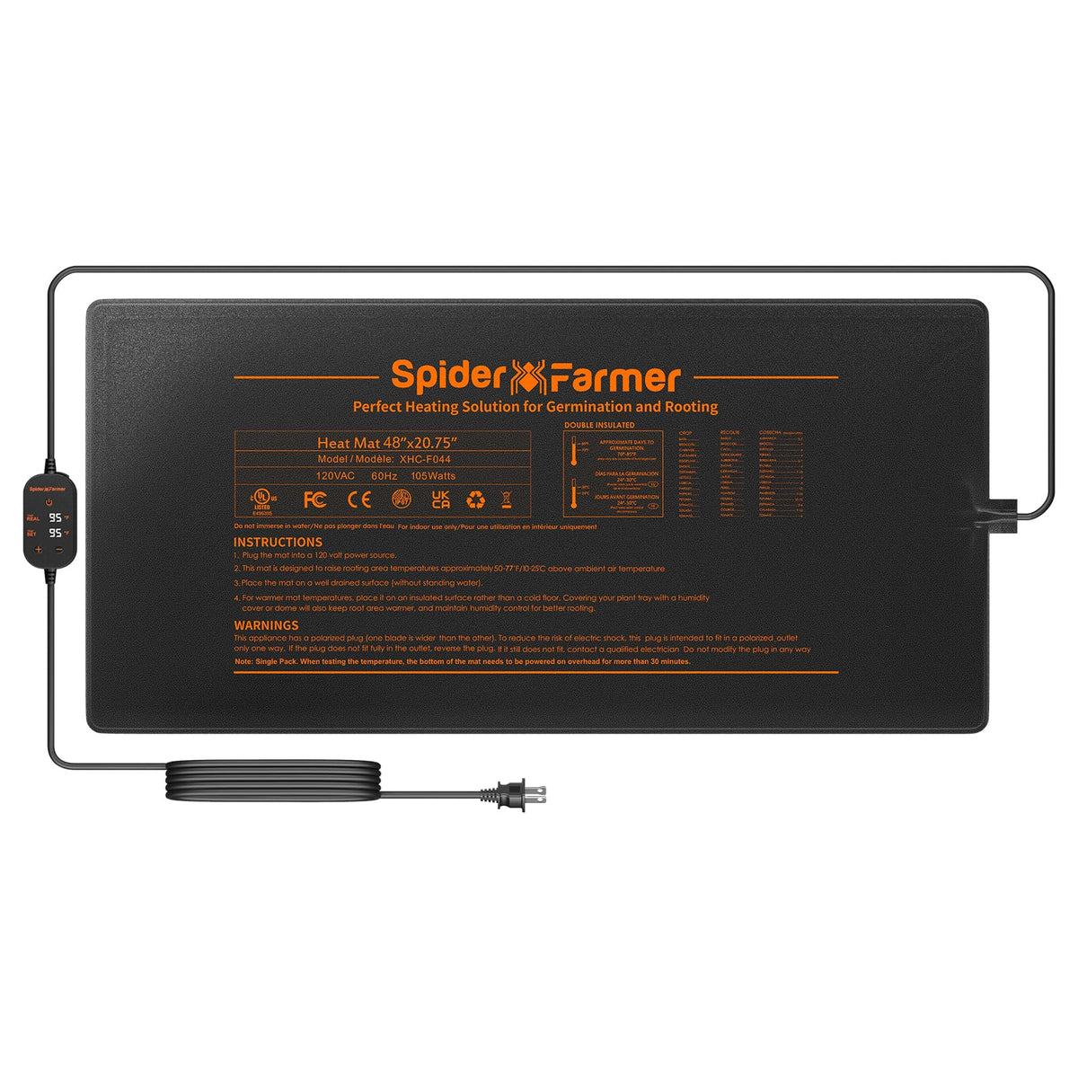 Spider Farmer 10"x20.75" Seedling Heat Mat with Built-in Thermostat