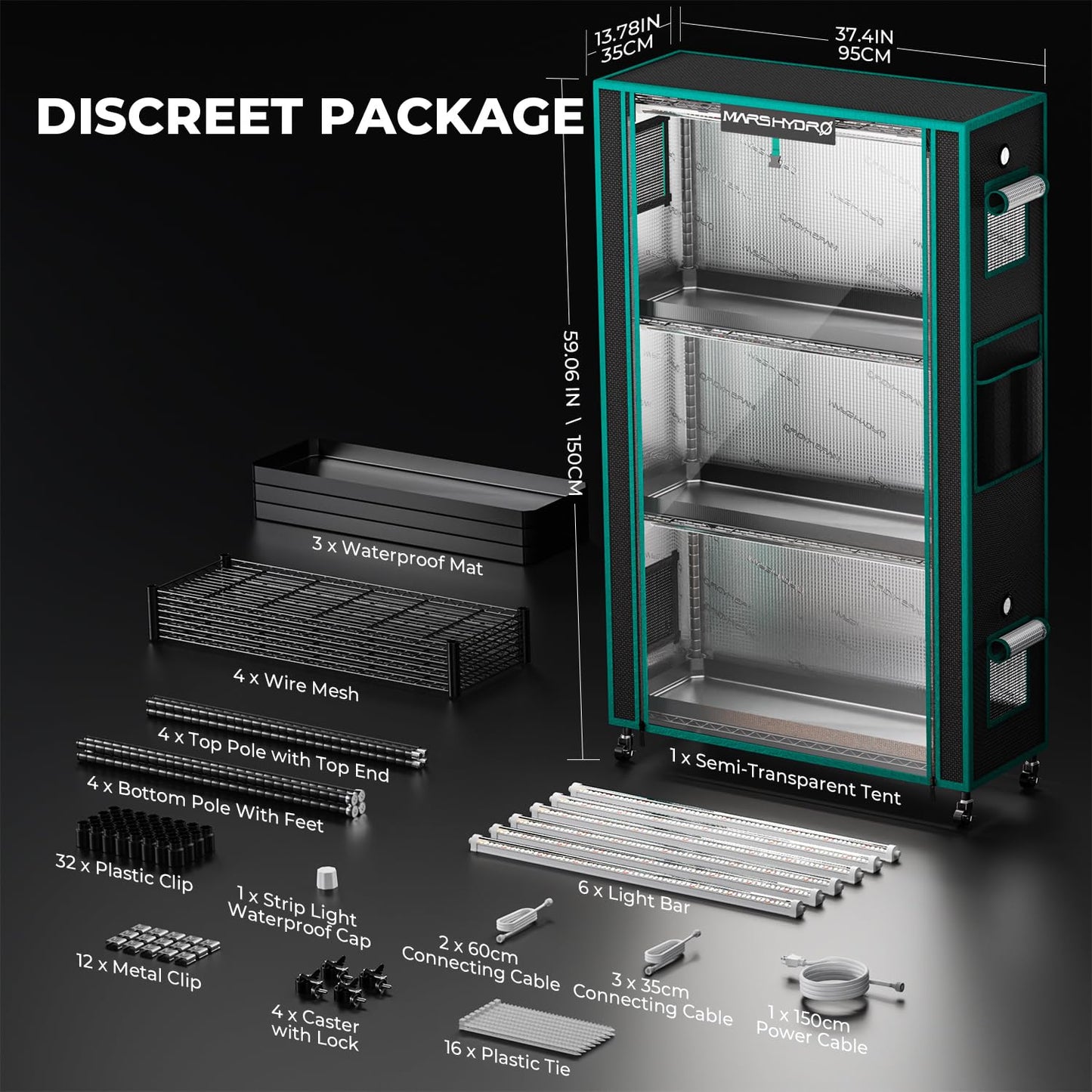 MARS HYDRO 2025 Plant Stand with Grow Lights,4-Tier Plant Shelf with 6 Full Spectrum LED Lamps (150W, 3ft) & Grow Tent | for Vegetables, Seedlings, Plant Growth | 5000K, 37×14×59''