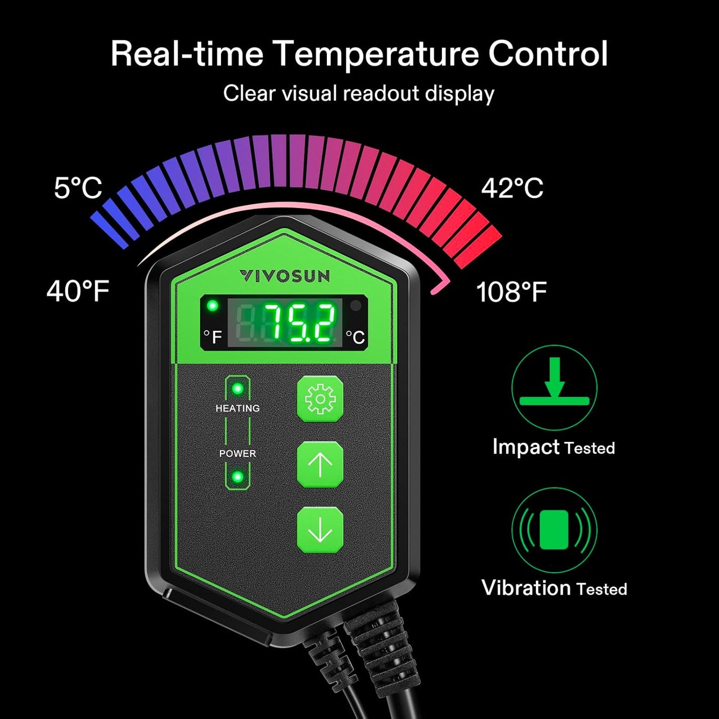VIVOSUN Digital Heat Mat Thermostat Controller, 40–108 ºF 1000W for Reptiles, Seedlings, Germination, Incubation and Fermentation