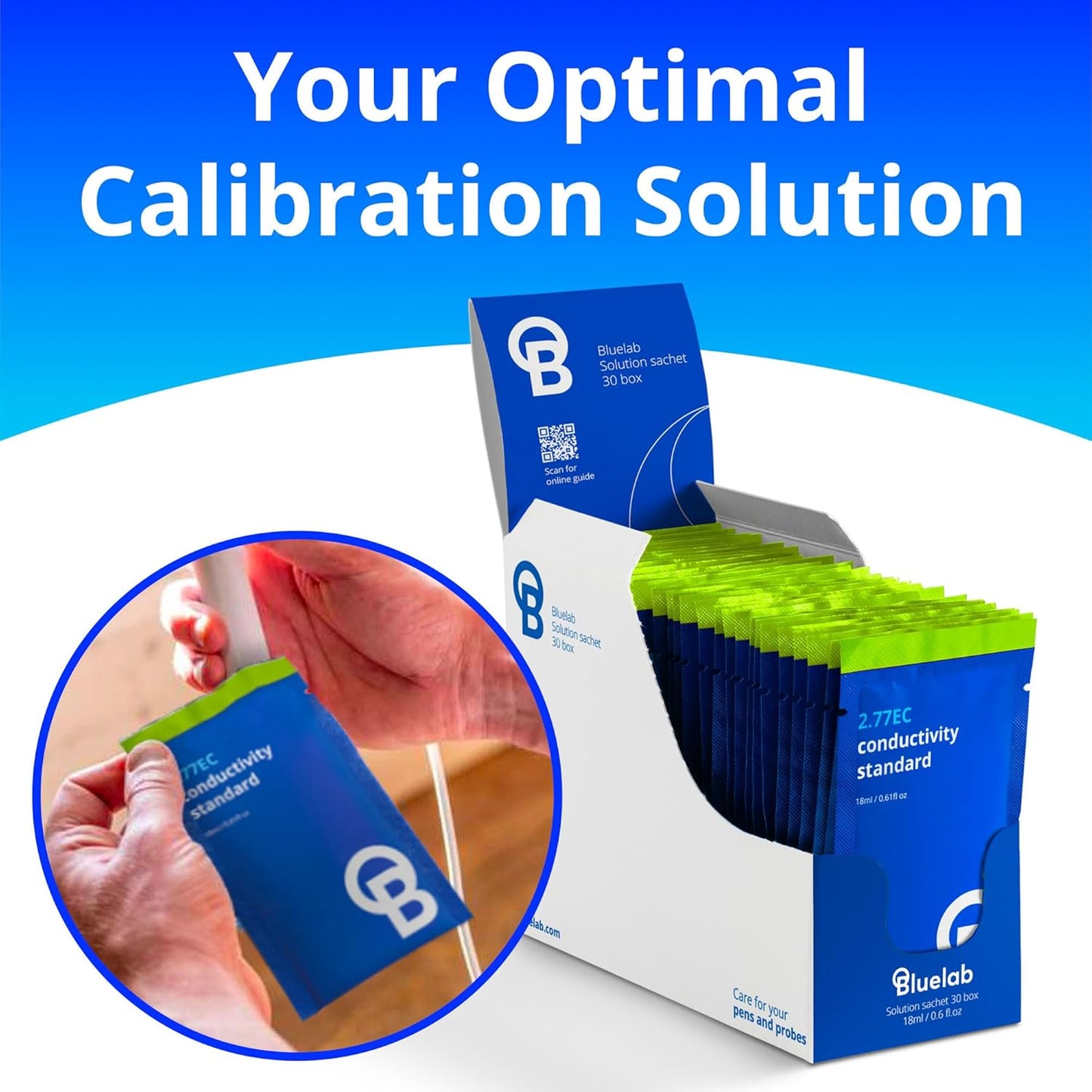 Bluelab EC 2.77 Conductivity Calibration Solution - Easy Calibration for pH Pens, pH Meters and Probes - Compatible with Bluelab Conductivity Probes - 30 Sachet Box, 18ml Each