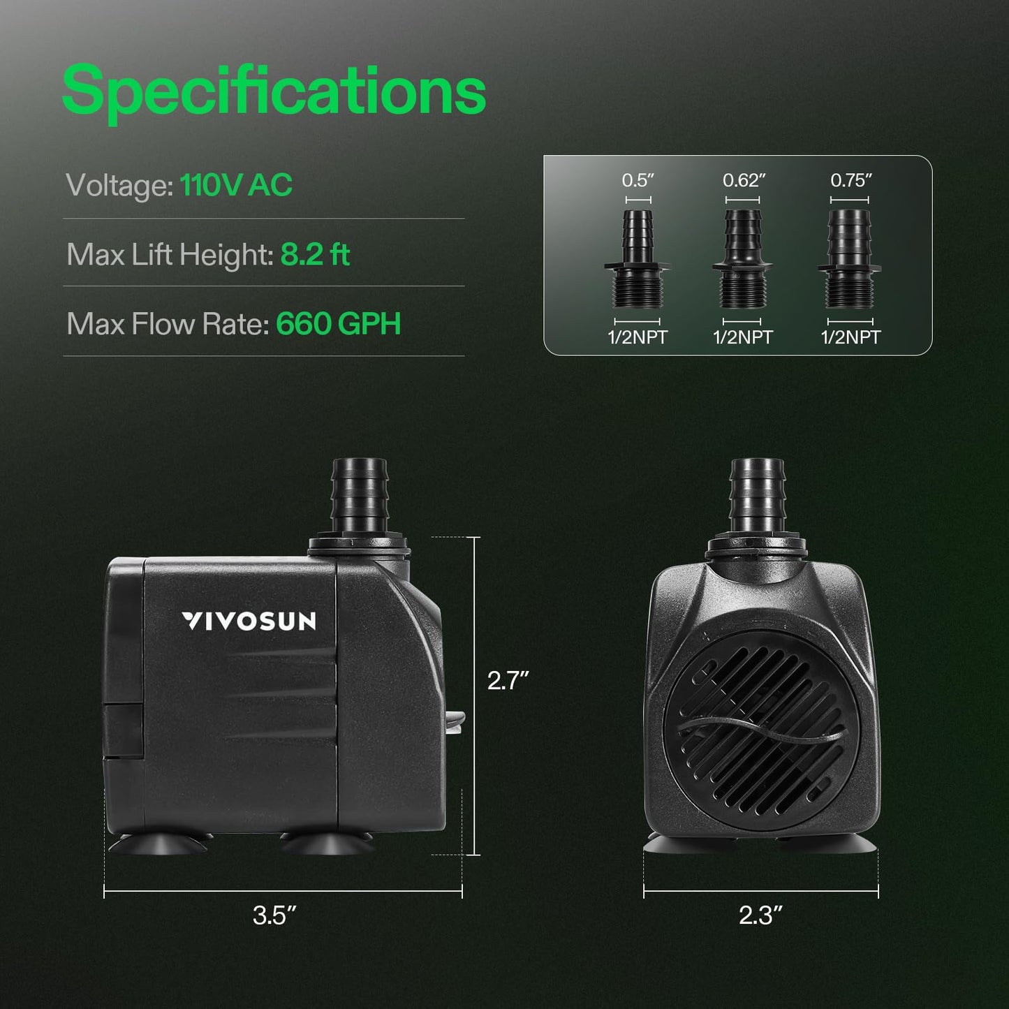 VIVOSUN 480GPH Submersible Pump(1800L/H, 25W), Ultra Quiet Water Pump with 7.2ft High Lift, Fountain Pump with 5ft Power Cord, 3 Nozzles for Fish Tank, Aquarium, Statuary, Hydroponics Black