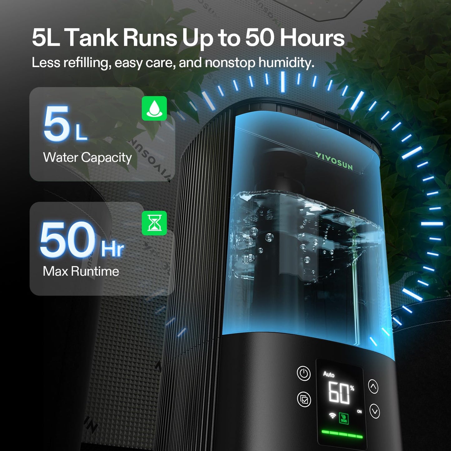 VIVOSUN AeroStream H05 Intelligent Wi-Fi Humidifier, 1.32 Gal / 5 L Humidifier with Temp & Humidity Probe, Smart Remote Control, Designed for Growers