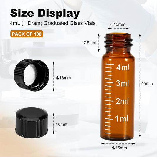 FOUR E'S SCIENTIFIC 100 Pack 4ml Glass Graduated Vials, 1 Dram Amber Small Sample Vials with Plastic Screw Caps Borosilicate Glass Sample Bottles for Liquid Powder Storage