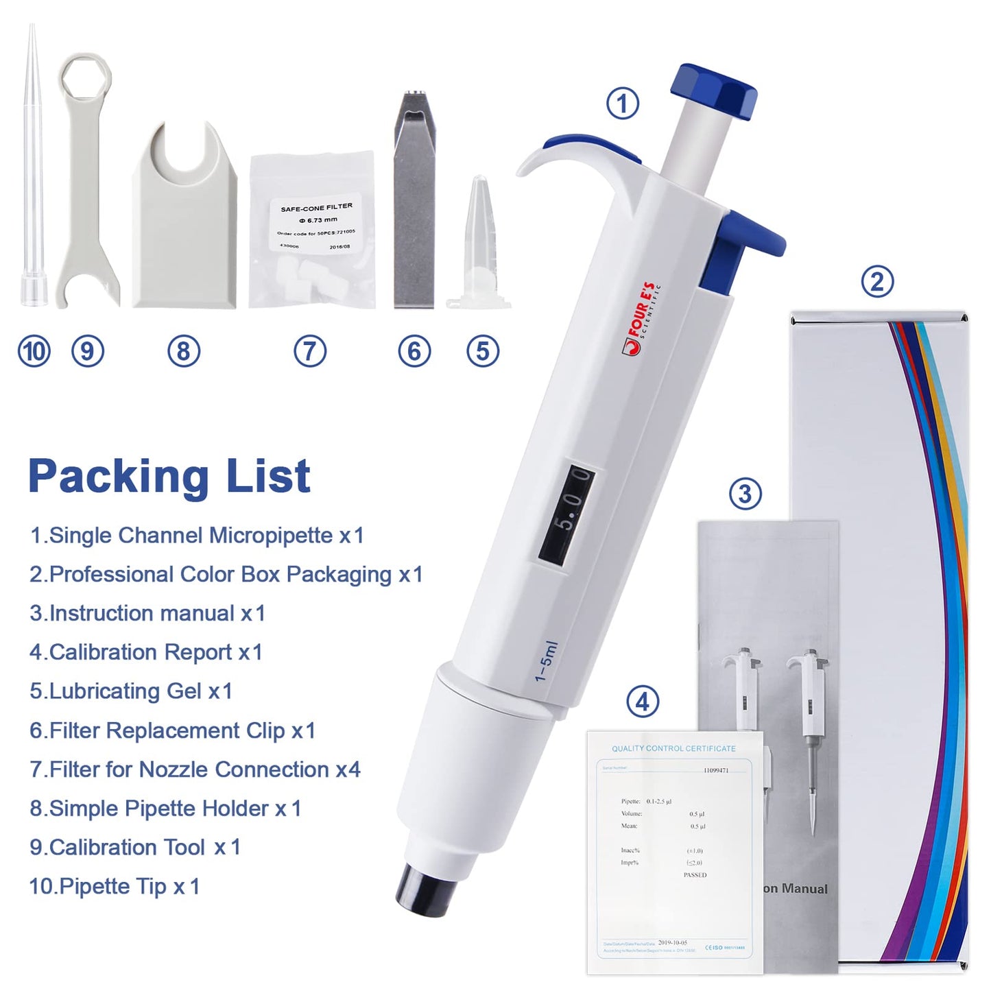FOUR E'S SCIENTIFIC 1-10ML Single-Channel Pipettor Adjustable Variable Volume Micropipette High Accurate Pipettor for Laboratory