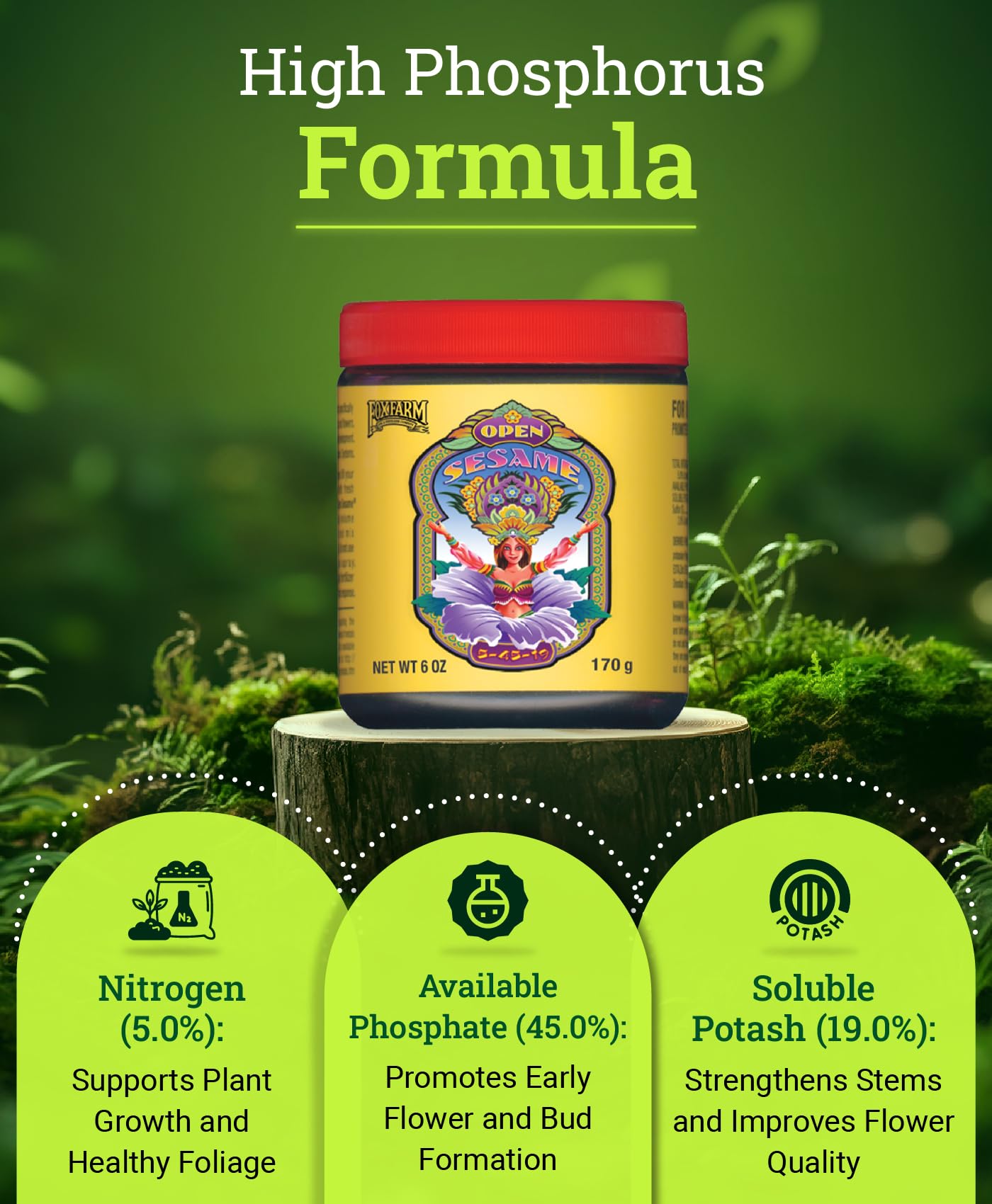 FoxFarm Open Sesame Soluble Fertilizer, High-Phosphorus Fertilizer for Early Blooming, pH Balanced - Supports Bud Development, NPK 5-45-19 (6 oz)