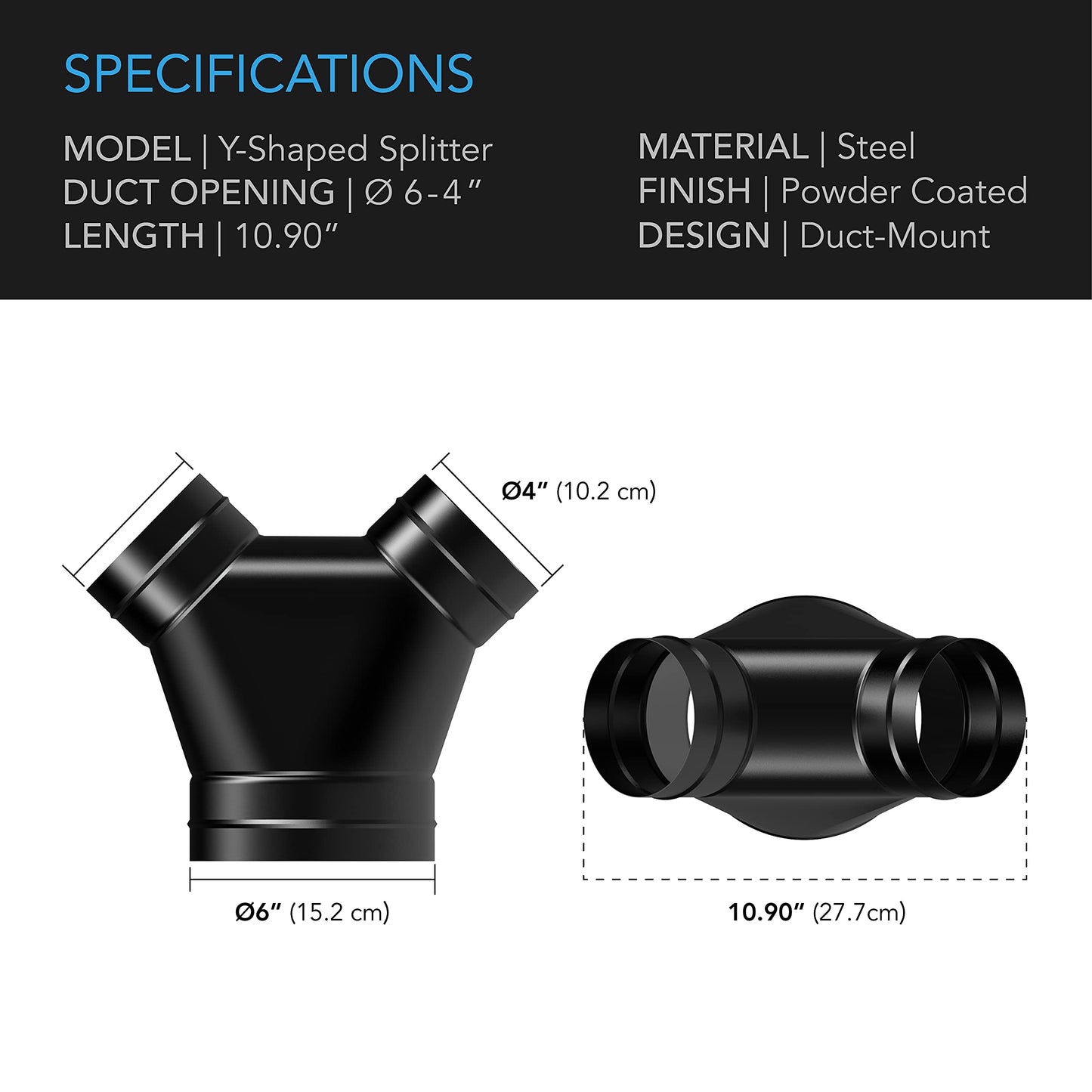 AC Infinity 3-Way Duct Splitter, 6 x 4 x 4” Exhaust Pipe Splitter Y Connector, for Dryers and Vent Hoses