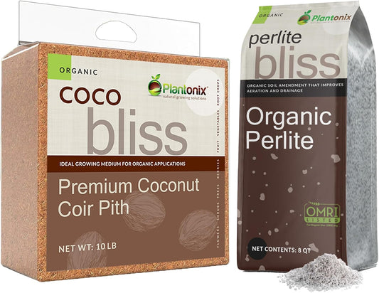 Coco Bliss (10lbs) + Perlite Bliss (8 Qts) - OMRI-Listed Coco Coir & Organic Perlite for Plants - Compressed Coco Coir Brick with Low EC & pH Balance - Horticultural Perlite for Plants