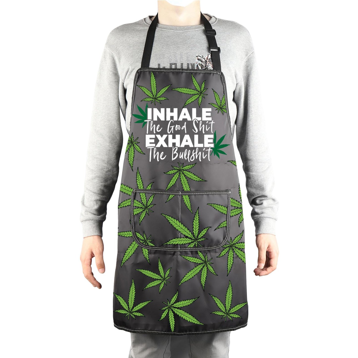 MBMSO Weed Apron with Pockets Inhale the Good Shit Exhale the Bullshit Marijuana Leaf Apron Cannabis Aprons Weed Lovers Gifts