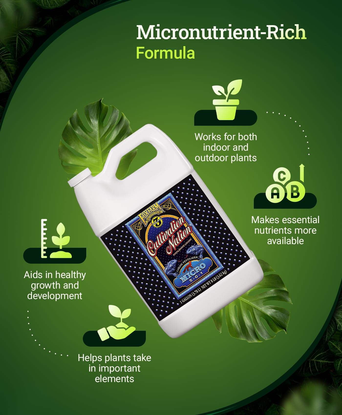 FoxFarm Cultivation Nation Micro Liquid Fertilizer - Micronutrients for Strong Plant Development, Ideal for Soil, Hydroponics & Aeroponics - Part 2 of 3-Part Feeding Program- NPK 5-0-1 (Gallon)