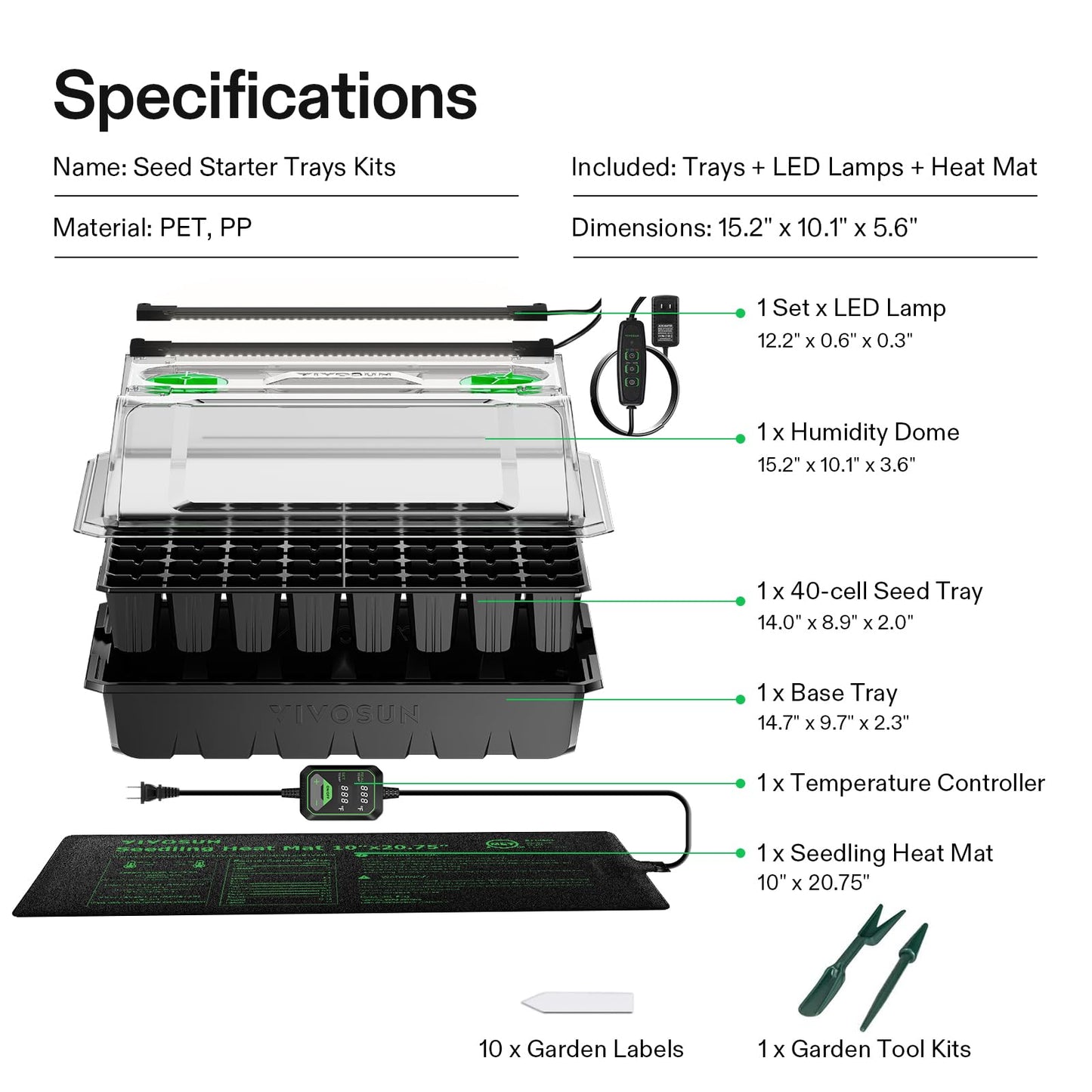 VIVOSUN 1-Pack 40-Cell Seed Starter Trays with 1 Set of LED Lights and 10"x20.75" Seedling Heat Mat, 3.6" Higher Cover, Adjustable Vents, Drainage Holes, Green Propagation Tray for Planting Seeds