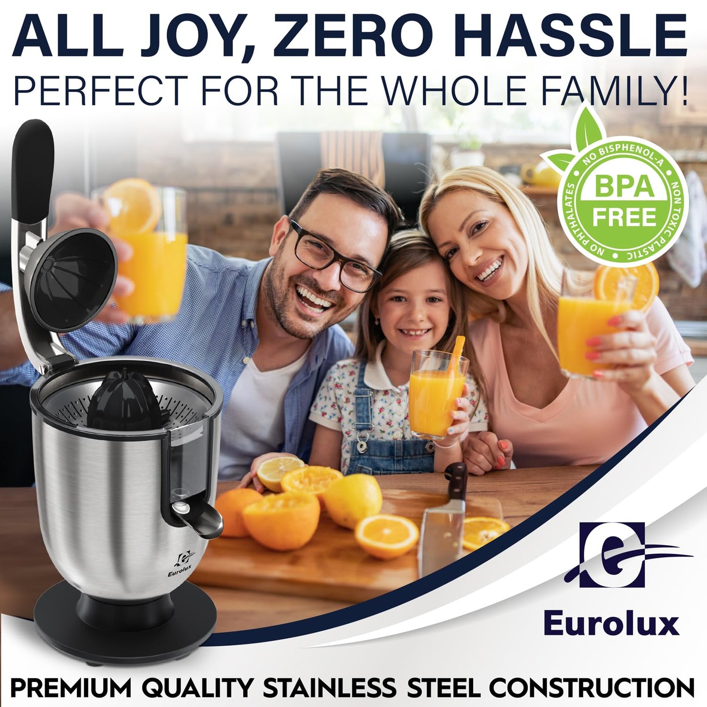 Eurolux Premium Electric Orange Juicer | Stainless Steel Citrus Squeezer With New Ultra-Powerful Motor and Soft Grip Handle for Effortless Juicing, Auto Shutoff, Dishwasher-safe Parts, Pulp Control