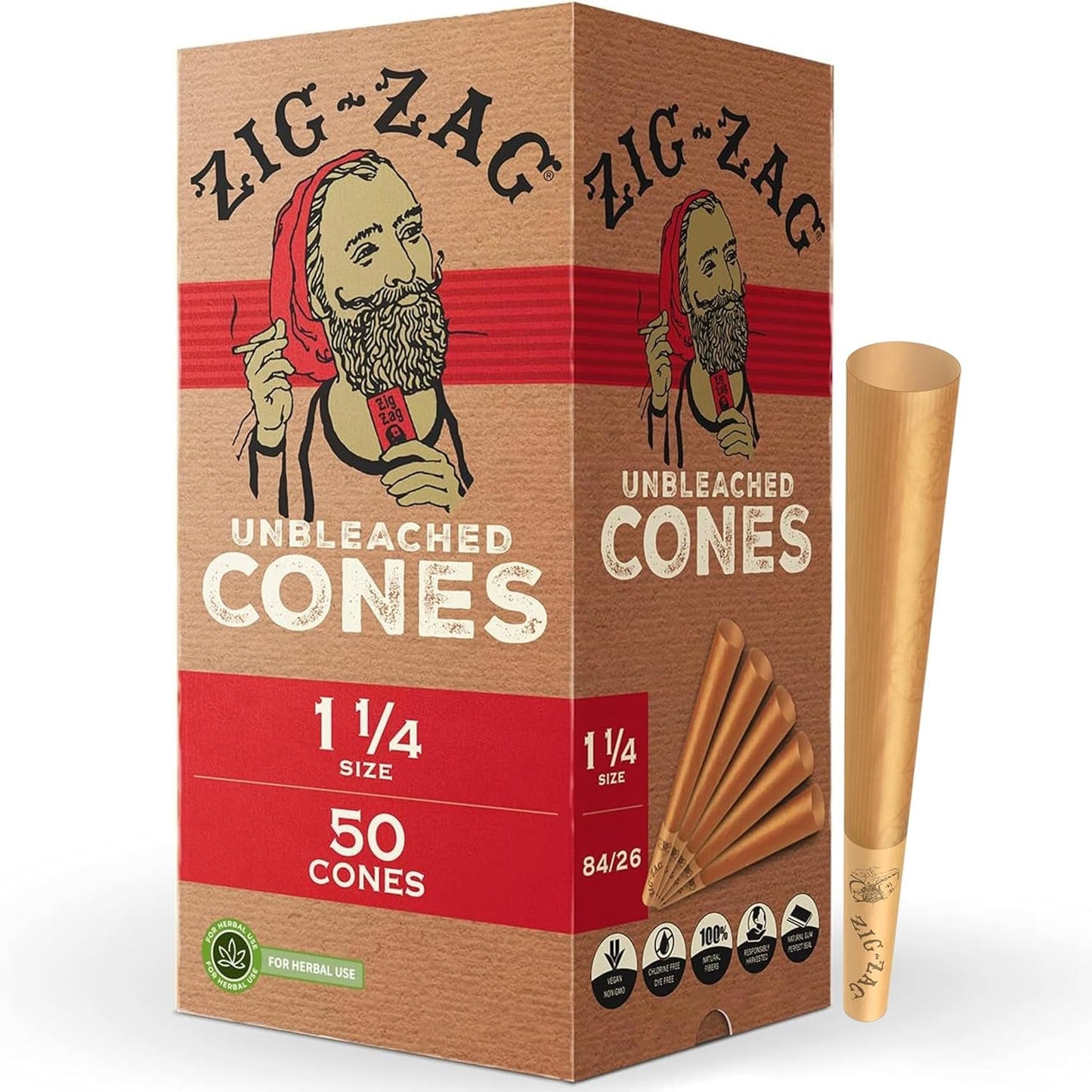 ZIG-ZAG 1 ¼-Inch Pre Rolled Cones - 50 Pack - Natural Unbleached Rolling Papers - Easy to Use & Convenient Bulk Pack- prerolled