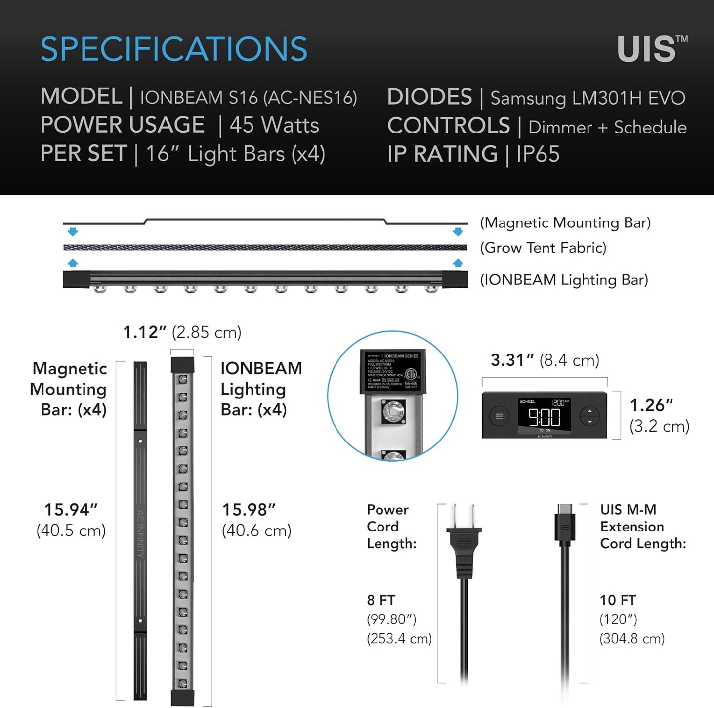 AC Infinity IONBEAM S16, Full Spectrum LED Grow Light Bars 16”, Deeper Penetration Samsung LM301H EVO Diodes and Digital Dimming Timer Controller, for Veg Bloom Indoor Plants, Grow Tents, Greenhouses