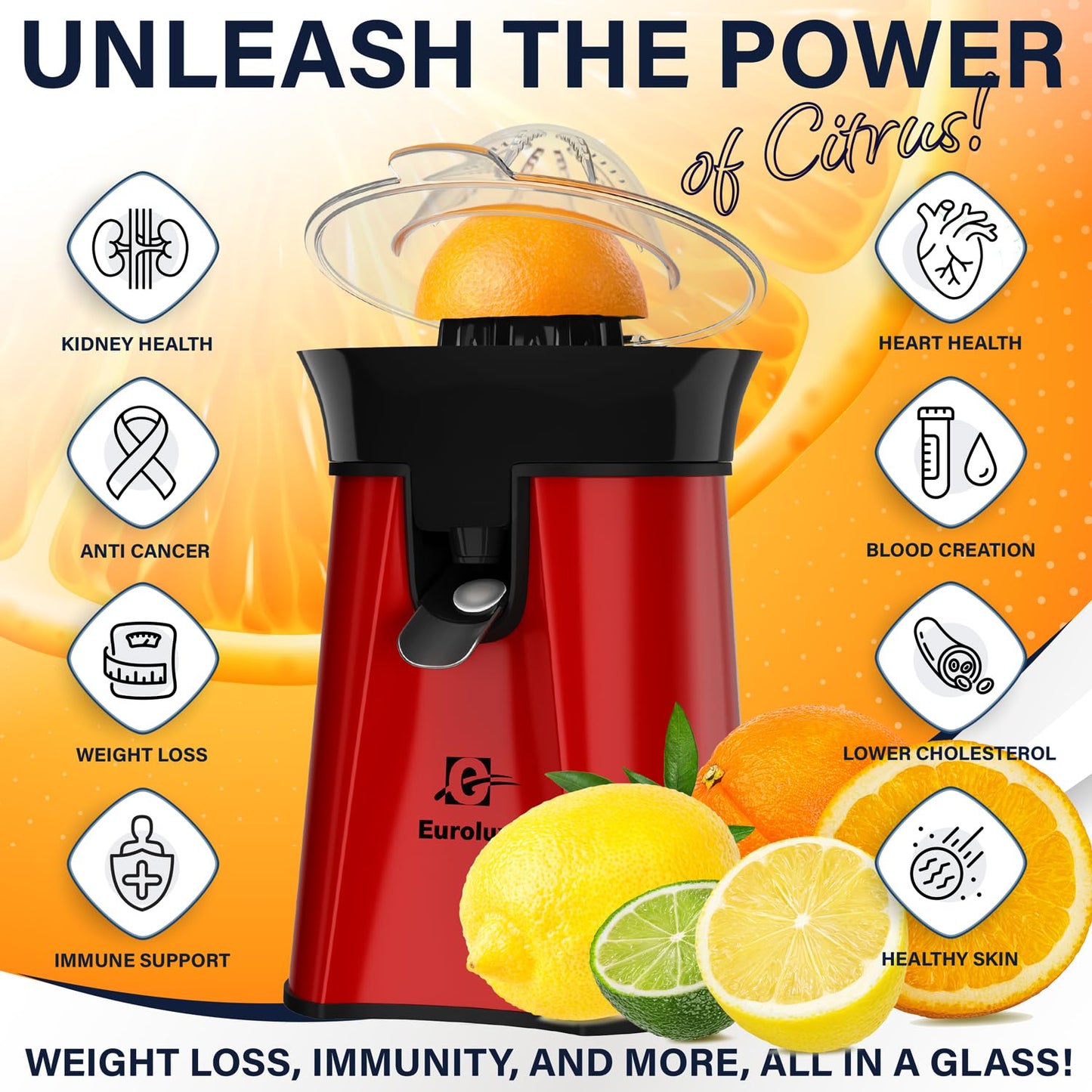 Eurolux Premium Electric Orange Juicer | Stainless Steel Citrus Squeezer With New Ultra-Powerful Motor and Soft Grip Handle for Effortless Juicing, Auto Shutoff, Dishwasher-safe Parts, Pulp Control