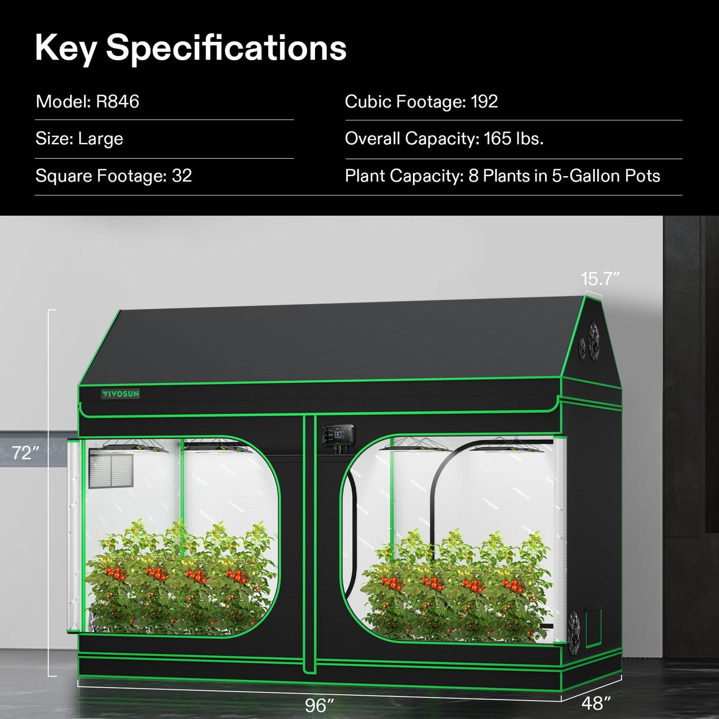 VIVOSUN R846 4x8 Grow Tent, 96"x48"x72" Roof Cube Tent with Observation Window and Floor Tray for Hydroponics Indoor Plant for VS4000/VSF4300