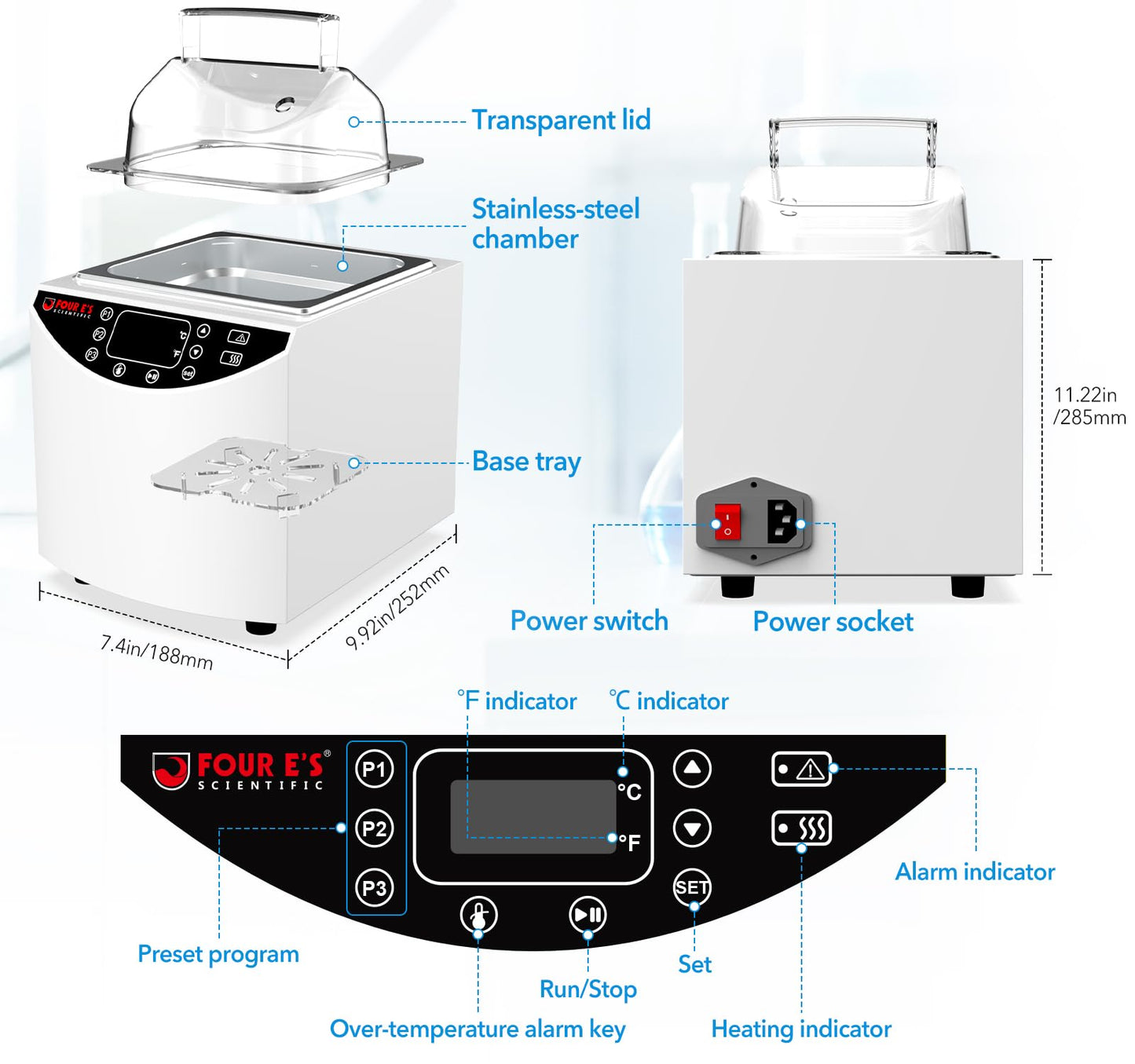 FOUR E'S SCIENTIFIC Lab Water Bath 5L, Digital Thermostatic Water Bath Heater, RT+5°C to 99°C, Precise Temperature Control, 2 Stainless Steel Chambers, LED Display