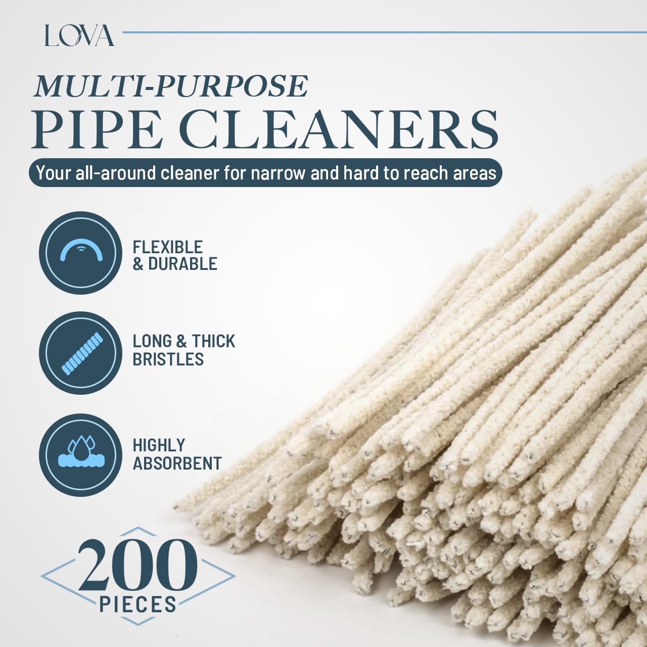 Lova Pipe Cleaners Bulk (200 Hard Bristle) Easily Cleans, Glass Pipe Cleaner for Cleaning, Arts and Crafts, Glass Pipes, Pipecleaners, Chenille Stems, (6 Inchs), 100% Cotton, Steel Wire, White