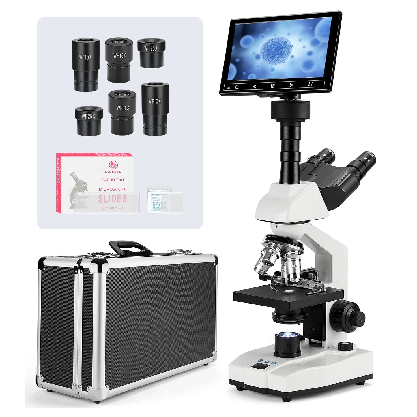 [Blood Version] Vabiooth Dual-View Compound Monocular Microscope 40X-2500X Magnification with 7" LCD Screen 5MP E-Eyepiece, Adjustable Mechanical Stage, Aluminum Carry Box for observing Live Blood