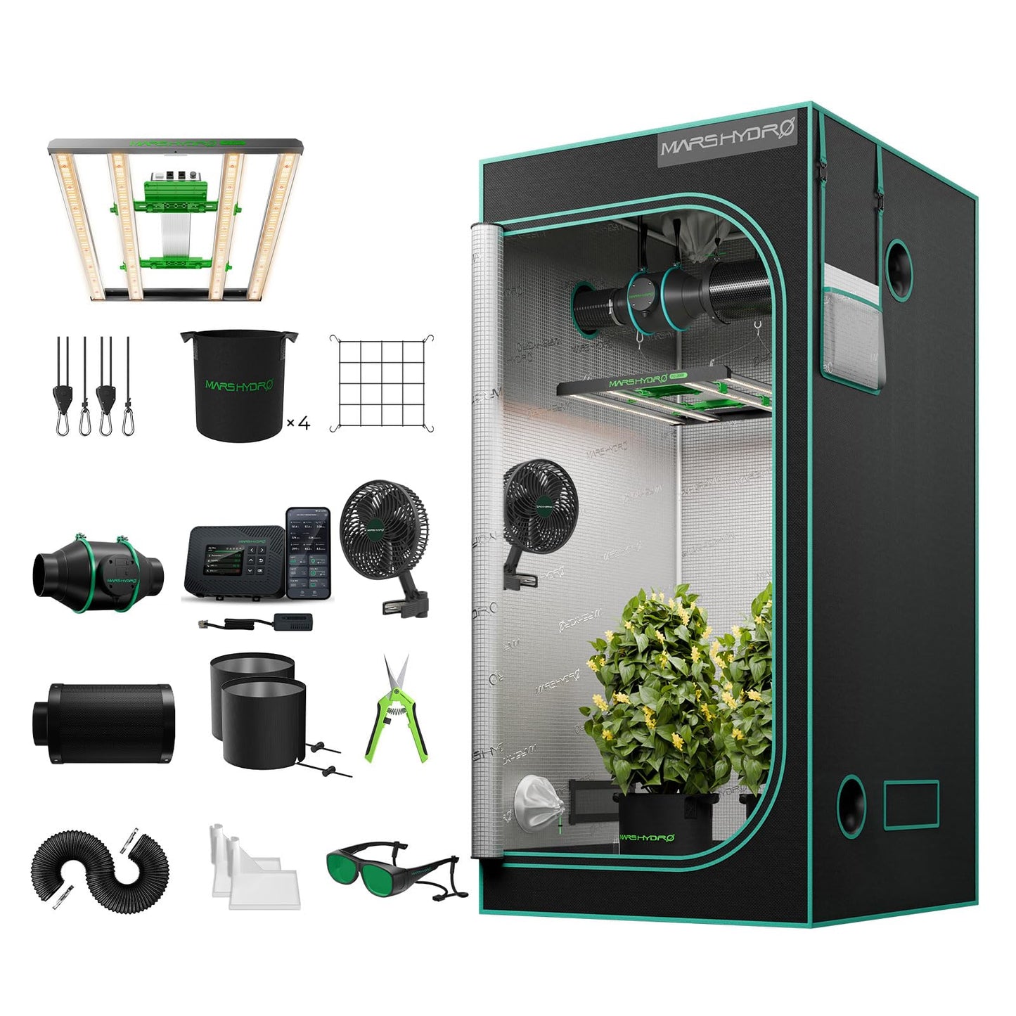 MARS HYDRO 3x3 Grow Tent Kit Complete System,150W TS1000 LED Dimmable Grow Light, 32"x32"x63" 1680D High Reflective Mylar Grow System with 4inch Smart WiFi Control Ventilation System,10 Speed Fan