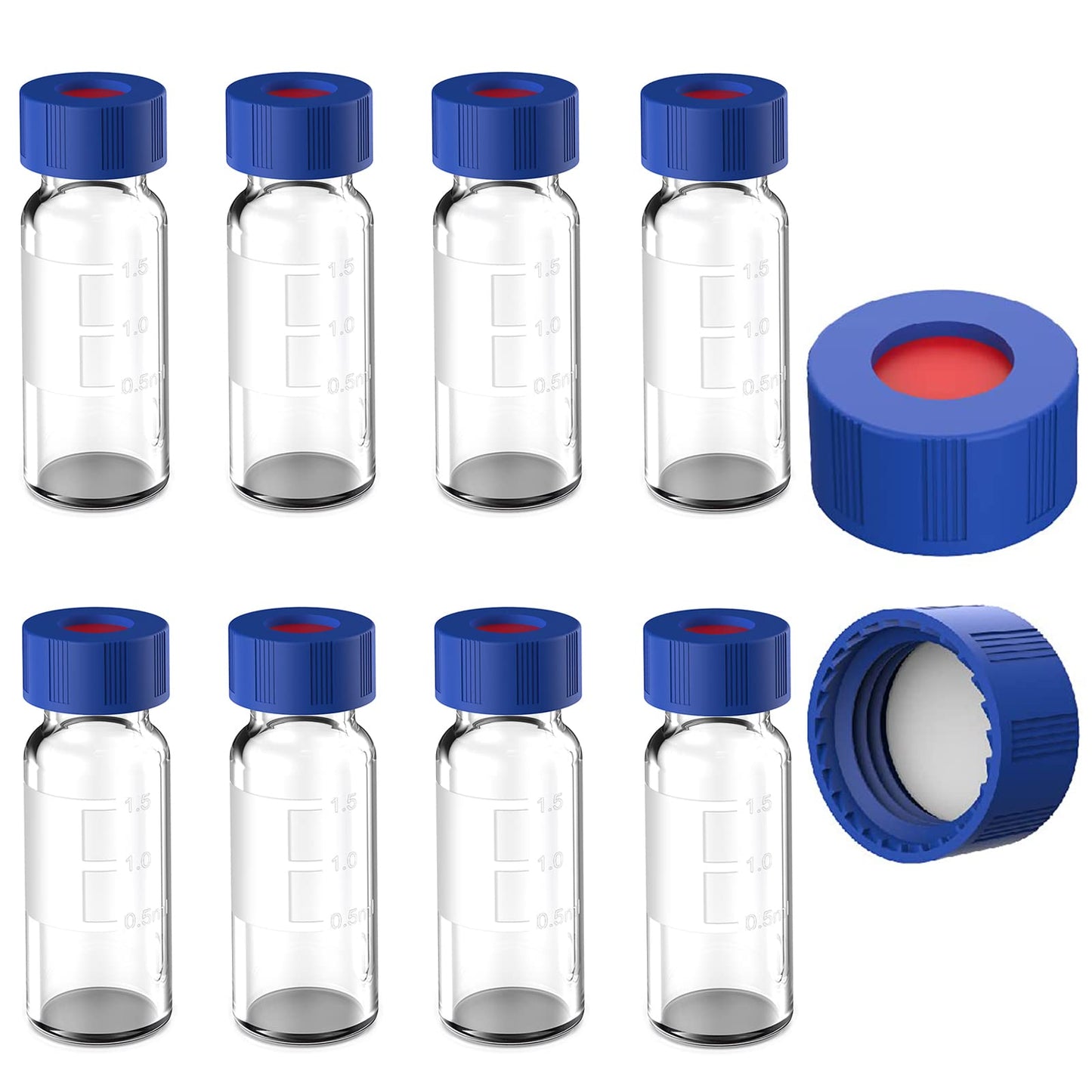 FOUR E'S SCIENTIFIC 2ml Autosampler Vials 1000 Pack - HPLC Vial | 9-425 Amber Vial with Blue Screw Caps | Writing Patch | Graduation | White PTFE & Red Silicone Septa Fit for LC Sampler