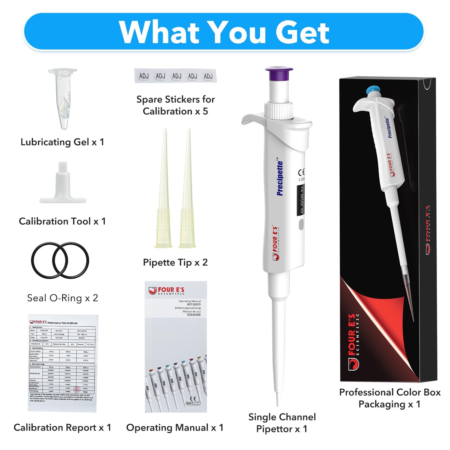 FOUR E'S SCIENTIFIC 20-200μL Pipette, Professional Single-Channel Pipettor Lightweight High Accurate Adjustable Variable Volume Micro Pipette with Calibration Certificate (Model LH0301006)