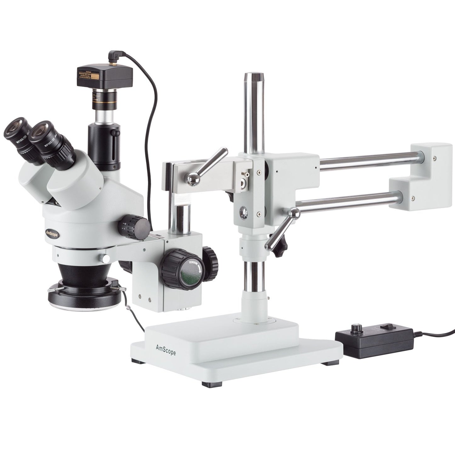 AmScope SM-4TZ-144A Professional Trinocular Stereo Zoom Microscope, WH10x Eyepieces, 3.5X-90X Magnification, 0.7X-4.5X Zoom Objective, Four-Zone LED Ring Light, Double-Arm Boom Stand, 110V-240V, Includes 0.5X and 2.0X Barlow Lens