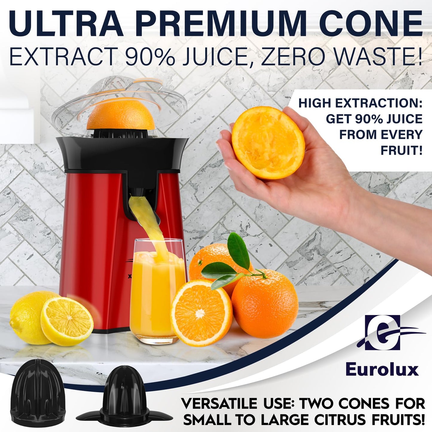 Eurolux Premium Electric Orange Juicer | Stainless Steel Citrus Squeezer With New Ultra-Powerful Motor and Soft Grip Handle for Effortless Juicing, Auto Shutoff, Dishwasher-safe Parts, Pulp Control