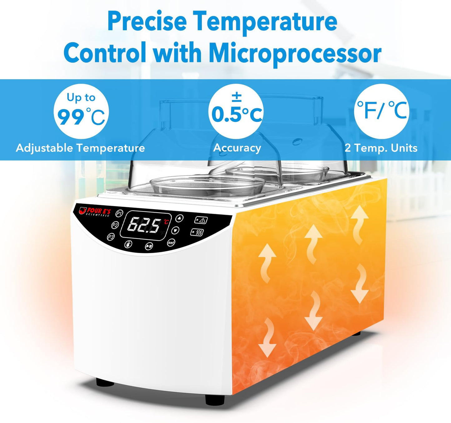 FOUR E'S SCIENTIFIC Lab Water Bath 5L, Digital Thermostatic Water Bath Heater, RT+5°C to 99°C, Precise Temperature Control, 2 Stainless Steel Chambers, LED Display