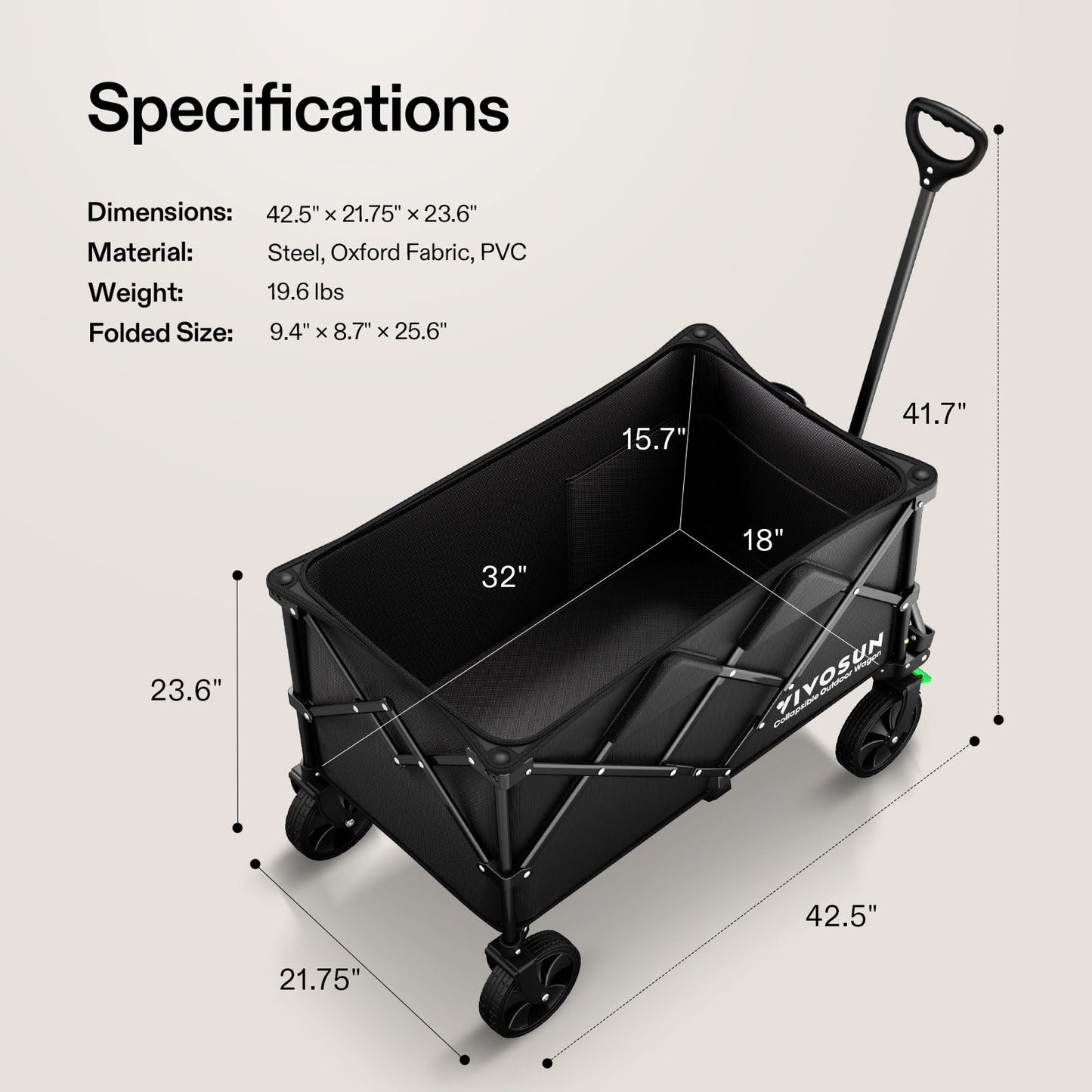 VIVOSUN Collapsible Folding Wagon, 350 lb Load-Bearing Outdoor Utility Cart with Silent Universal Wheels, Cup Holders &Side Pockets, Adjustable Handle, for Camping, Garden, Sports, Picnic, Shopping