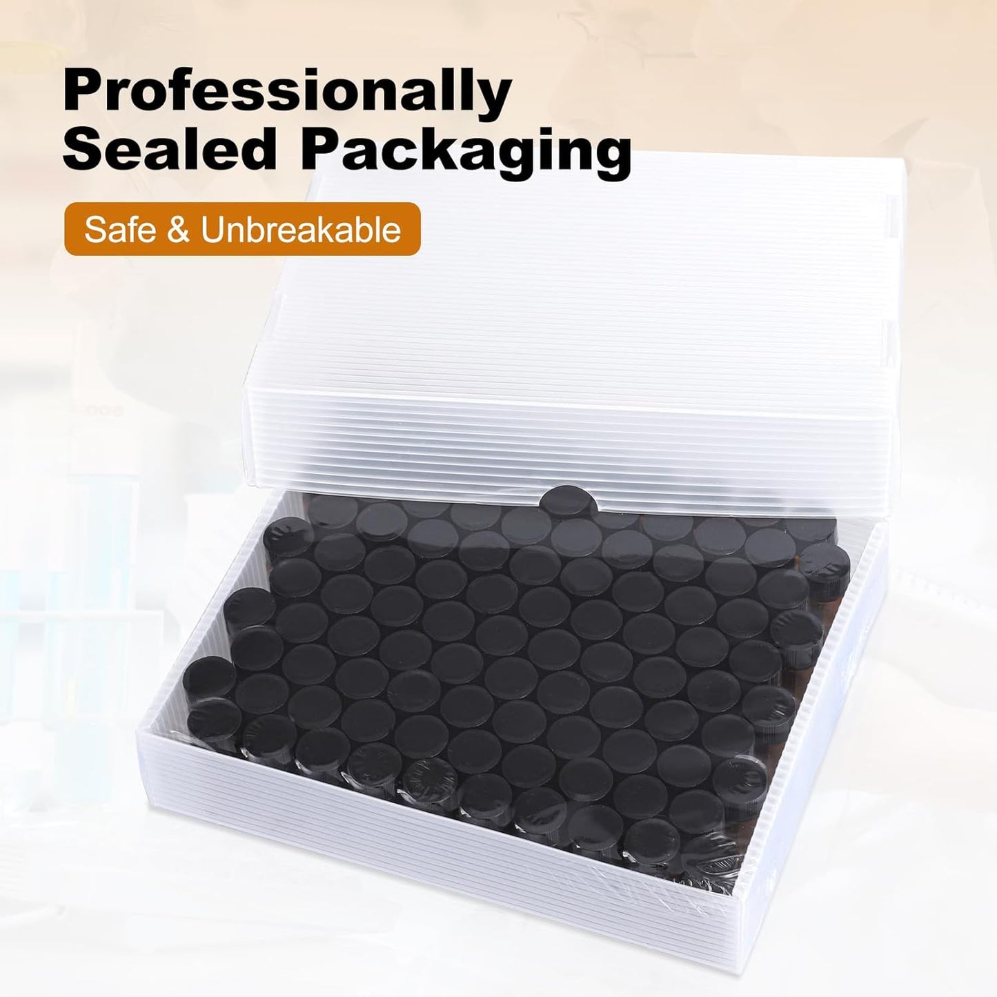 FOUR E'S SCIENTIFIC 100 Pack 4ml Glass Graduated Vials, 1 Dram Amber Small Sample Vials with Plastic Screw Caps Borosilicate Glass Sample Bottles for Liquid Powder Storage