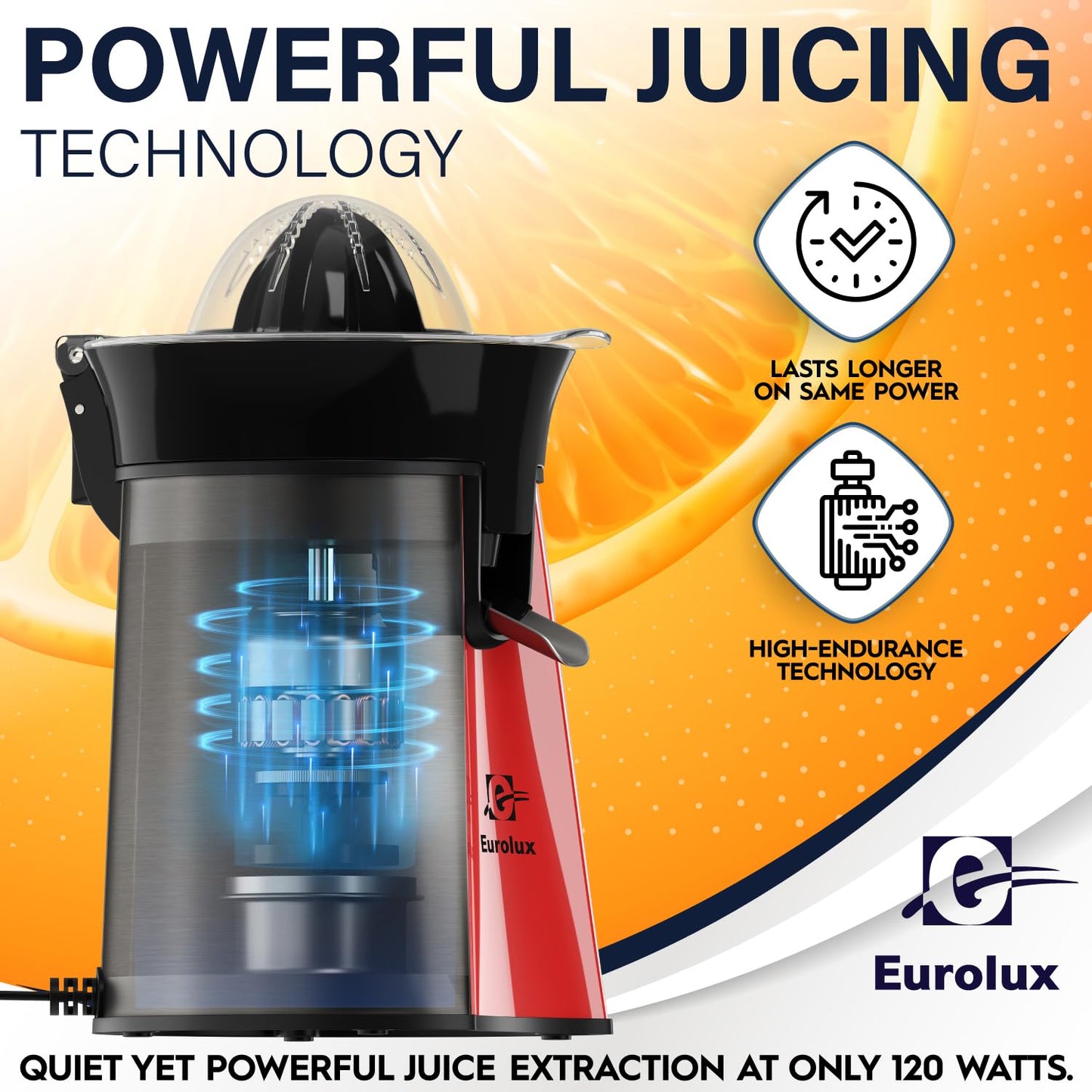 Eurolux Premium Electric Orange Juicer | Stainless Steel Citrus Squeezer With New Ultra-Powerful Motor and Soft Grip Handle for Effortless Juicing, Auto Shutoff, Dishwasher-safe Parts, Pulp Control