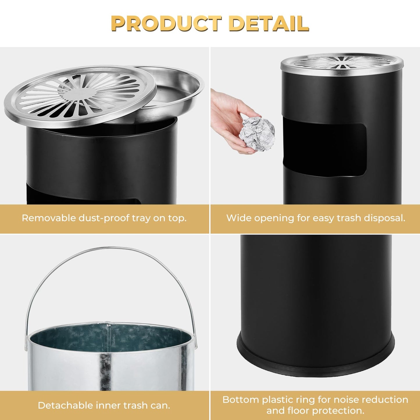 Trash Can Outdoor Waste Container Square Stainless Steel Trash Can with Removable Inner Bucket for Disposal Commercial Waste Container 9.45‘’ x 9.45‘’ x 24.02‘’-Black