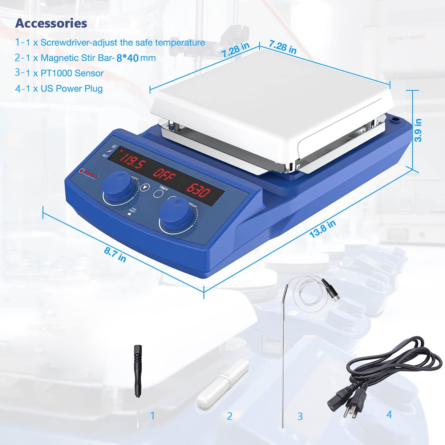 FOUR E'S SCIENTIFIC 510℃/950°F 7 Inch Magnetic Stirrer Hot Plate with Timer Function, 50-1500RPM, Max 20L Stirring Capacity, with Stand, Stir Bar Retriever, Temp Probe Sensor, 4pcs Stir Bars, 110V