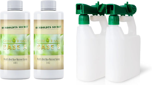 Humboldts Secret A & B Liquid Hydroponics Fertilizer - Nutrients for Outdoor, Indoor Plants (8oz Set) w/ 2-Pack 100:1 Garden Hose End Sprayer | Multipurpose Reusable Bottles (32oz)