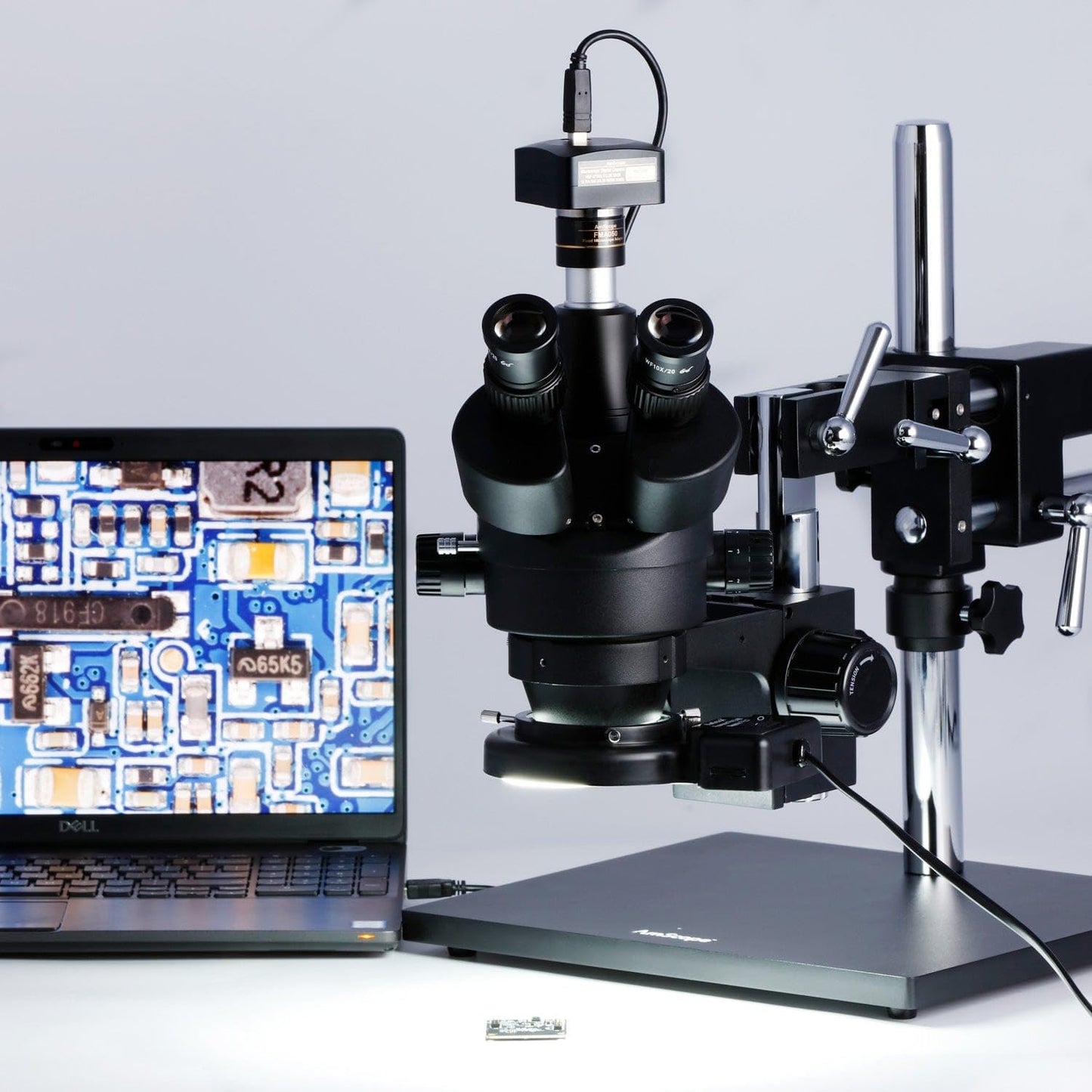 AmScope SM-4TZ-144A Professional Trinocular Stereo Zoom Microscope, WH10x Eyepieces, 3.5X-90X Magnification, 0.7X-4.5X Zoom Objective, Four-Zone LED Ring Light, Double-Arm Boom Stand, 110V-240V, Includes 0.5X and 2.0X Barlow Lens