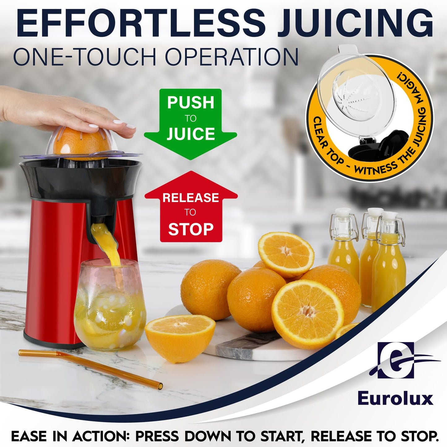 Eurolux Premium Electric Orange Juicer | Stainless Steel Citrus Squeezer With New Ultra-Powerful Motor and Soft Grip Handle for Effortless Juicing, Auto Shutoff, Dishwasher-safe Parts, Pulp Control