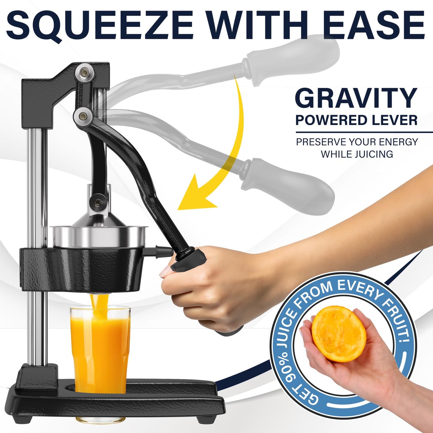 Eurolux Cast Iron Citrus Juicer | Extra-Large Commercial Grade Manual Hand Press | Heavy Duty Countertop Squeezer for Fresh Orange Juice (Bonus Stainless Steel Cup) (Black)