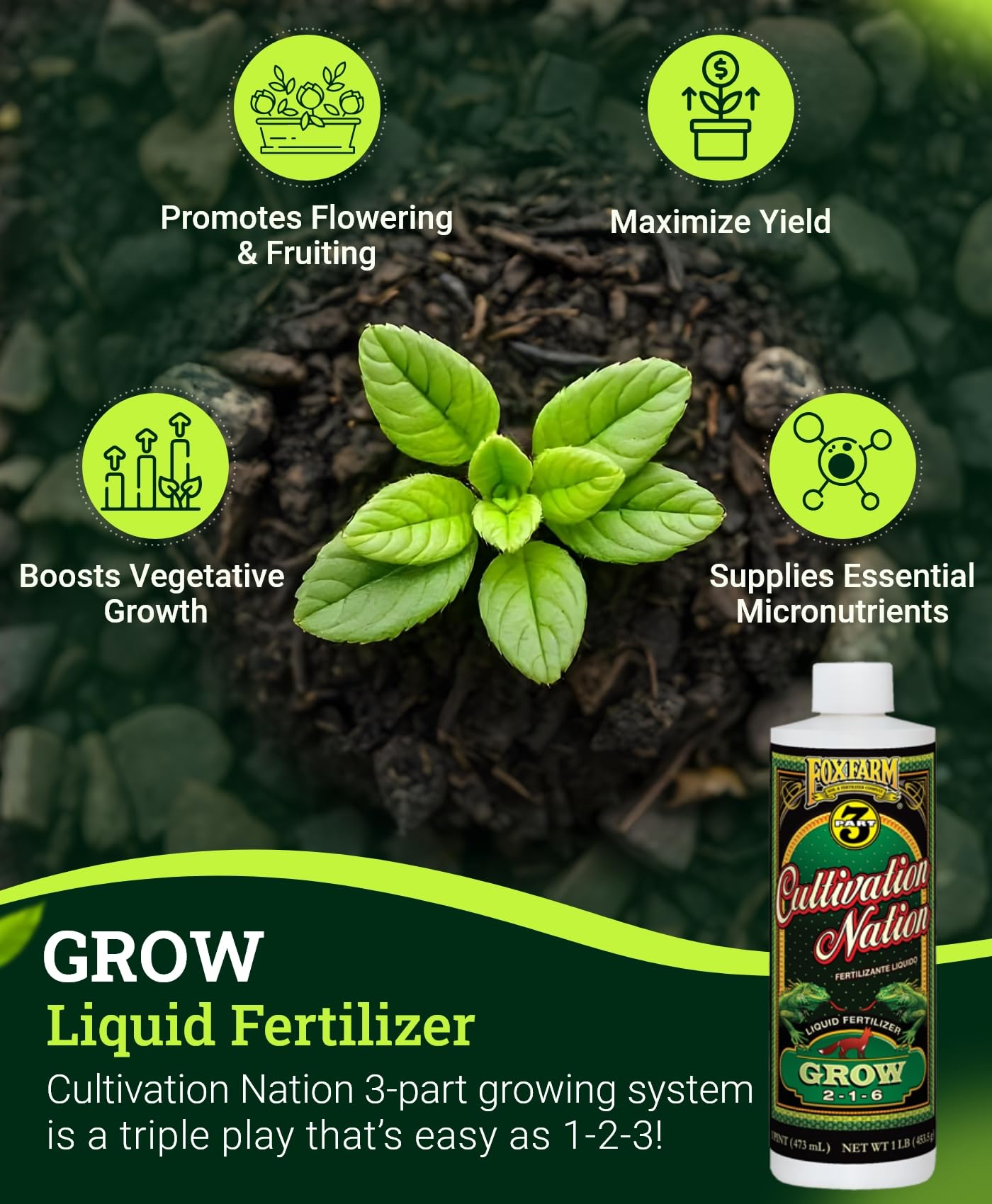 FoxFarm Cultivation Nation Grow Fertilizer - Formula for Optimal Vegetative Growth, Perfect for Soil, Soilless Media, Hydroponics & Aeroponics - Part 1 of 3-Part Feeding Program- NPK 2-1-6 (Gallon)