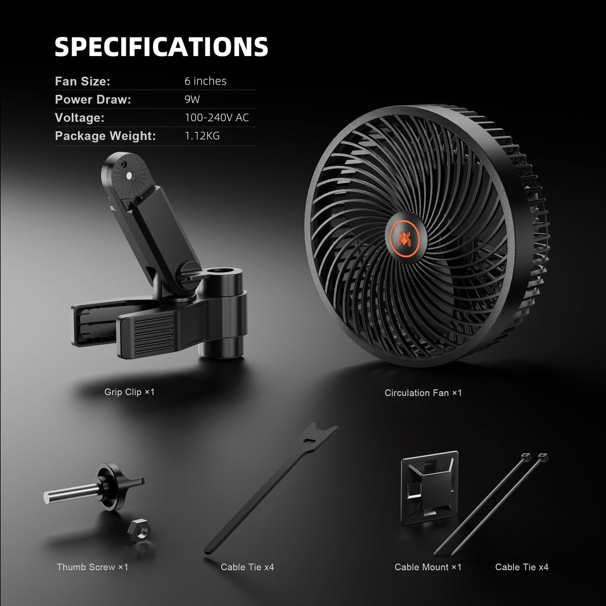 Spider Farmer 6" Grow Tent Clip Fan, EC Motor, 10-Level Oscillation, 2-Pack
