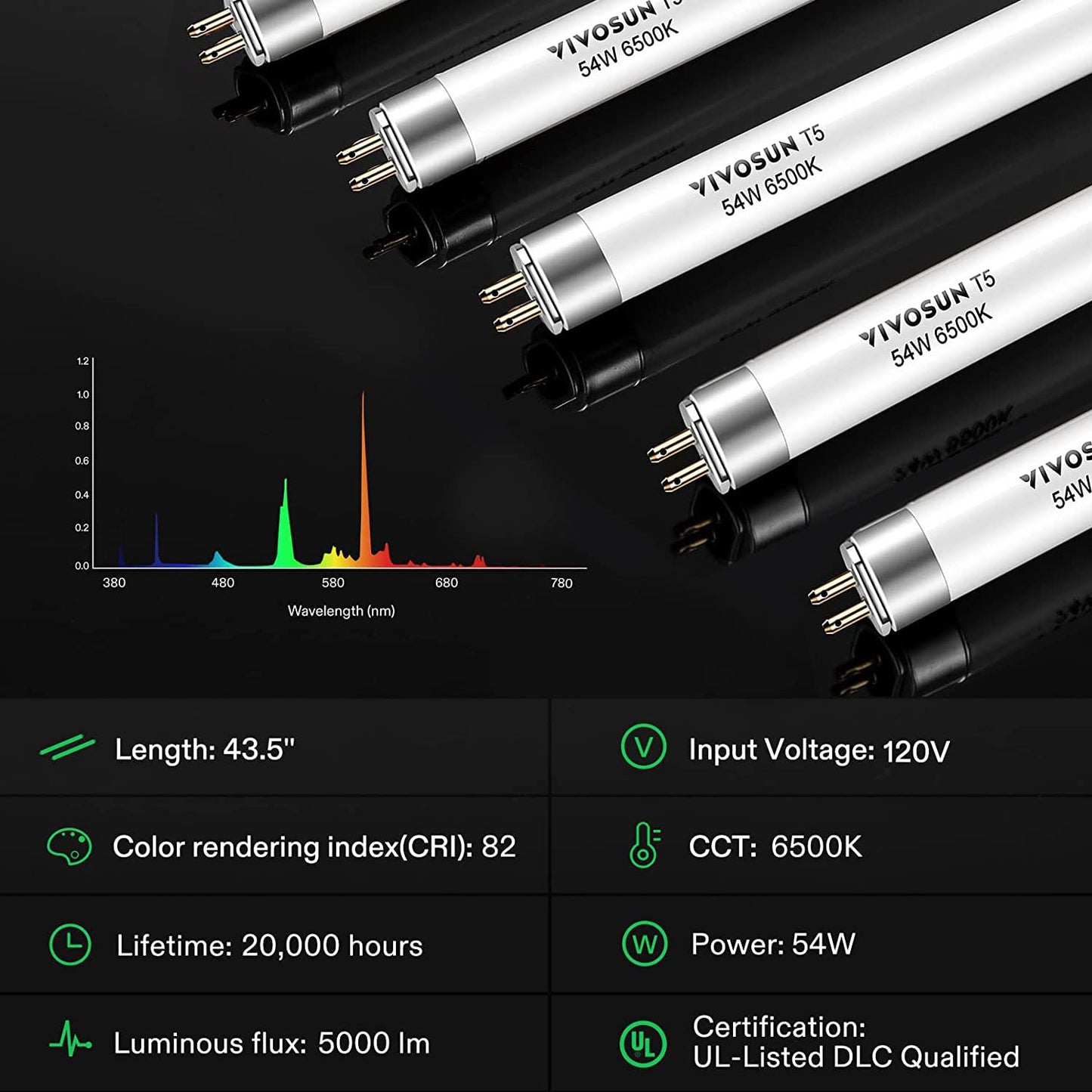 VIVOSUN T5 Grow Light Bulbs 4 Ft 46 Inches, 54W 6500K HO Fluorescent Tubes Light Bulbs, Cool White T5 Bulb for 46 Inches T5 Light Fixtures, T5 Grow Lights for Indoor Plants, 4 Ft 54W Pack of 5