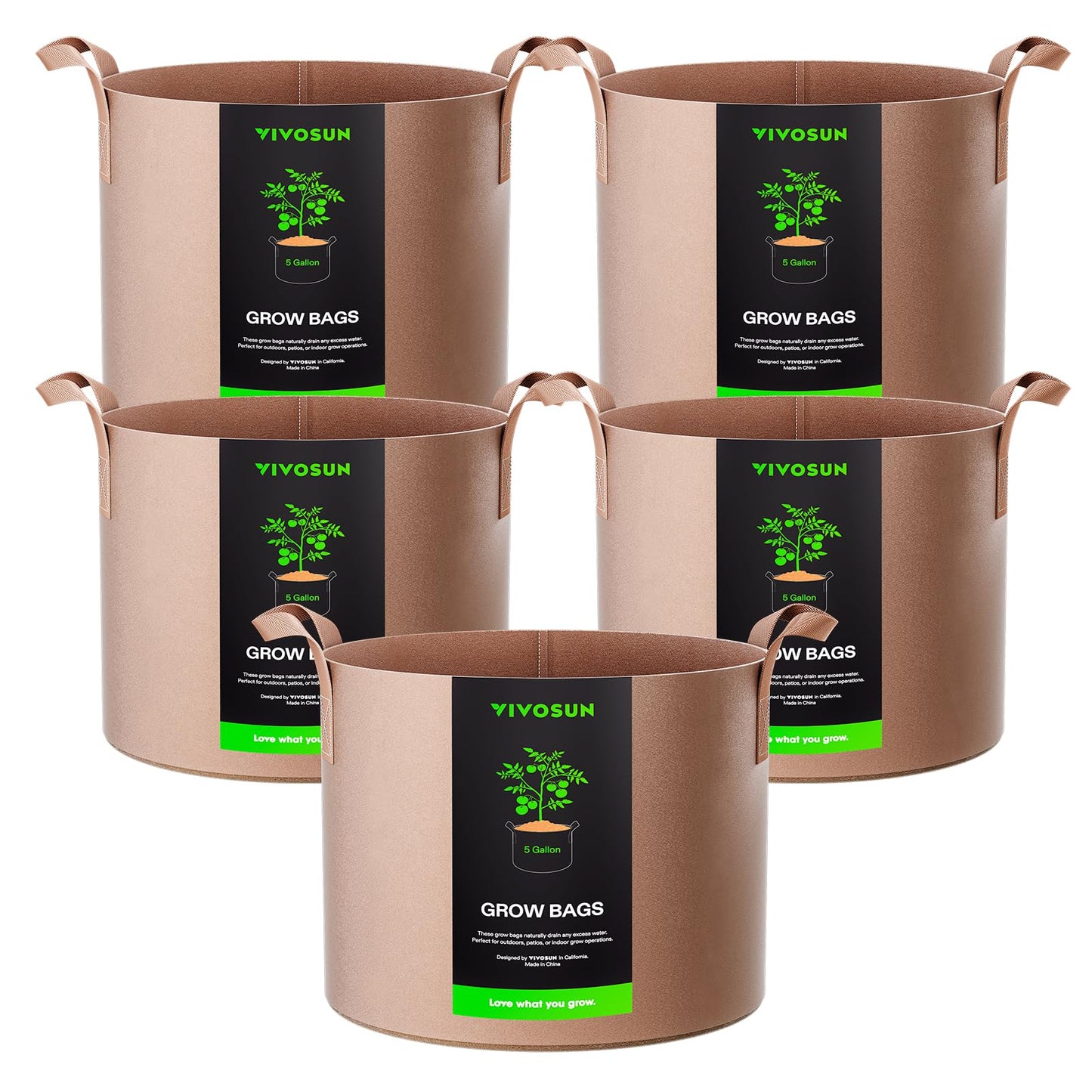 VIVOSUN 5-Pack 3 Gallon Plant Grow Bags Heavy Duty Thickened Nonwoven Fabric Pots with Handles