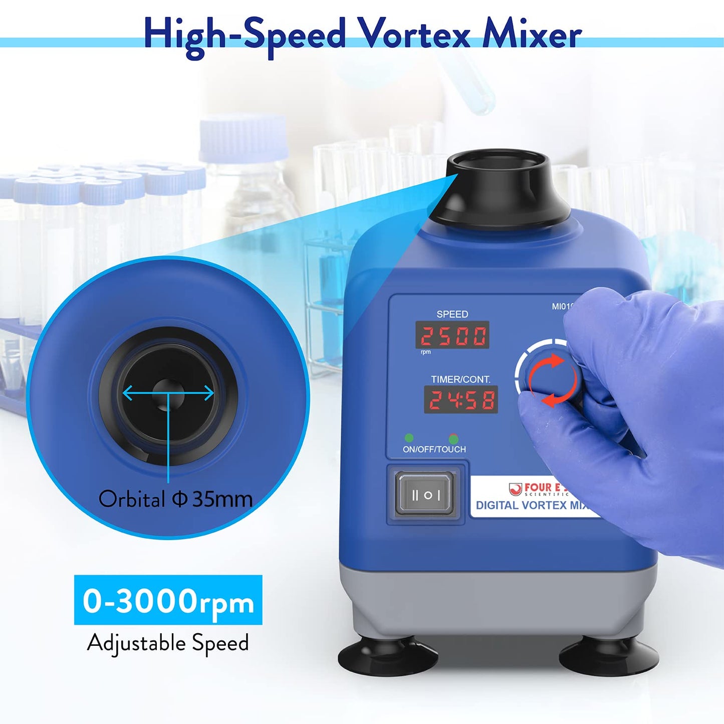 FOUR E'S SCIENTIFIC Laboratory Vortex Mixer Various Speed 0-3000rpm, Touch & Continuous Function - Vortex Shaker Mixer Test Tubes Acrylic Paints Ink