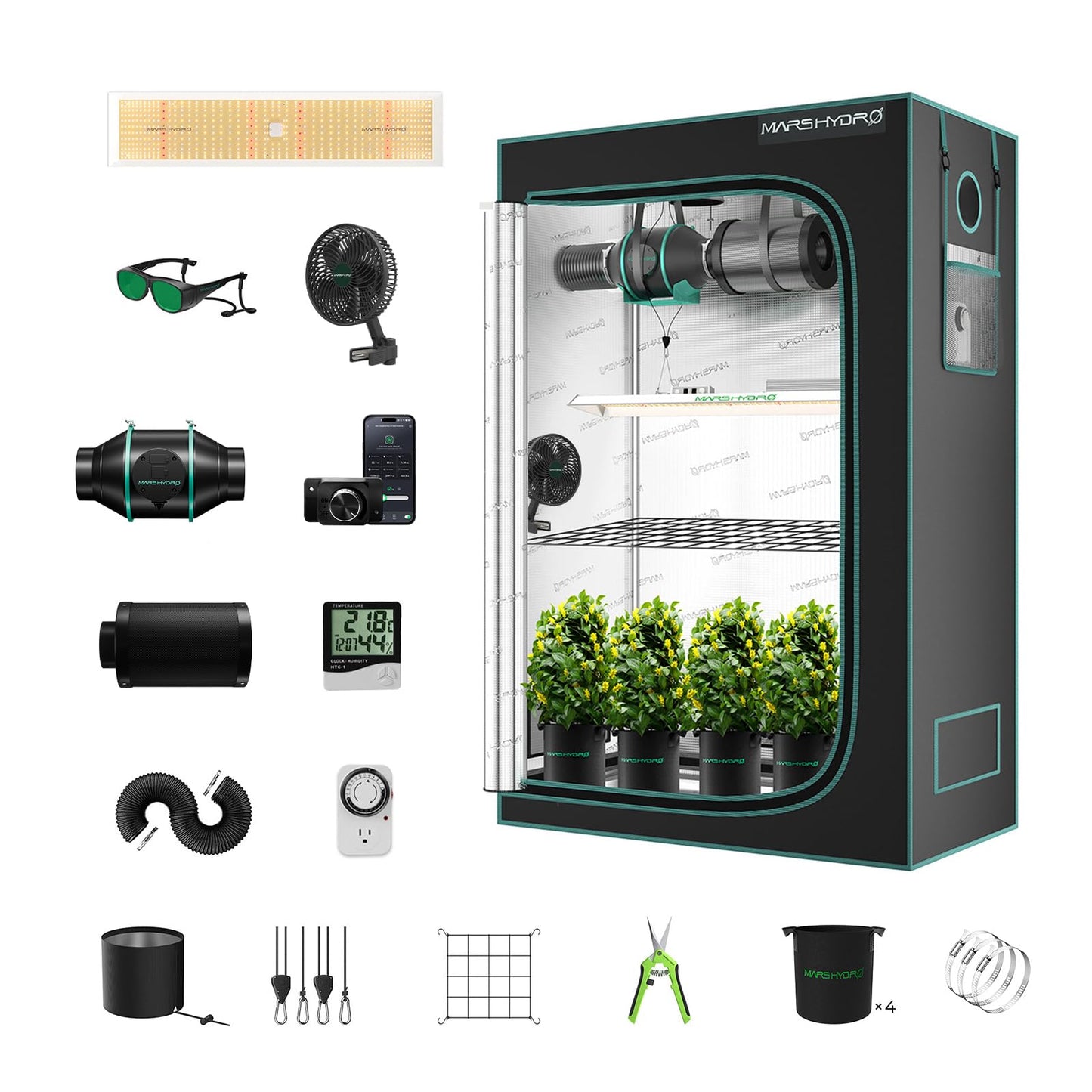 MARS HYDRO 3x3 Grow Tent Kit Complete System,150W TS1000 LED Dimmable Grow Light, 32"x32"x63" 1680D High Reflective Mylar Grow System with 4inch Smart WiFi Control Ventilation System,10 Speed Fan