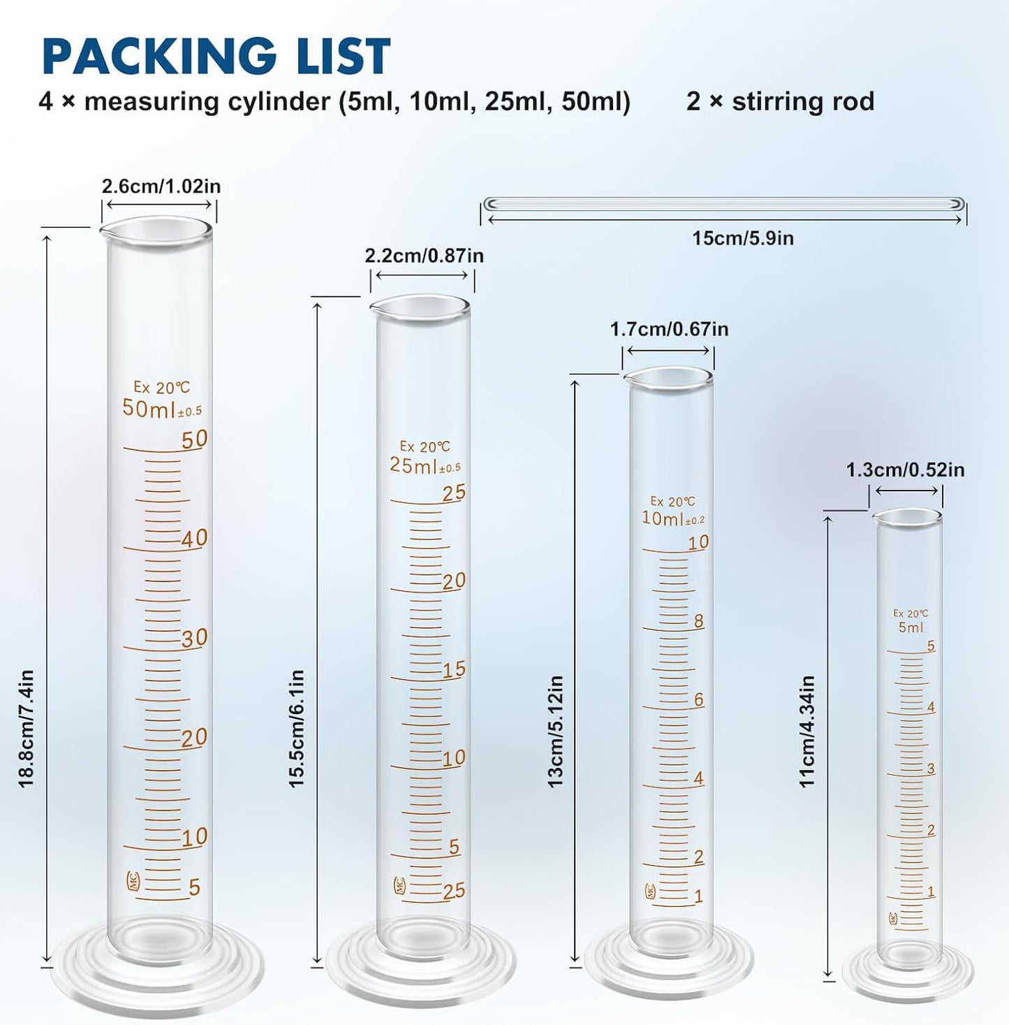 FOUR E'S SCIENTIFIC Glass Beaker Set 50/100/250/500 ml, Glass Graduated Cylinder 5/10/25/50 ml, 2 Stirring Rods