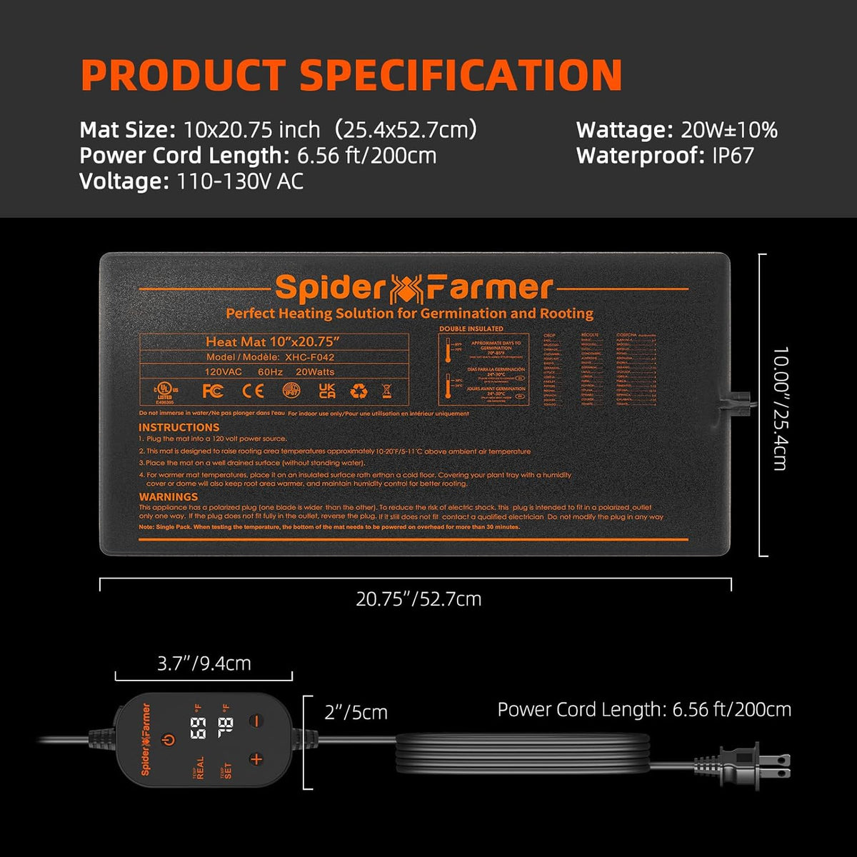 Spider Farmer 10"x20.75" Seedling Heat Mat with Built-in Thermostat