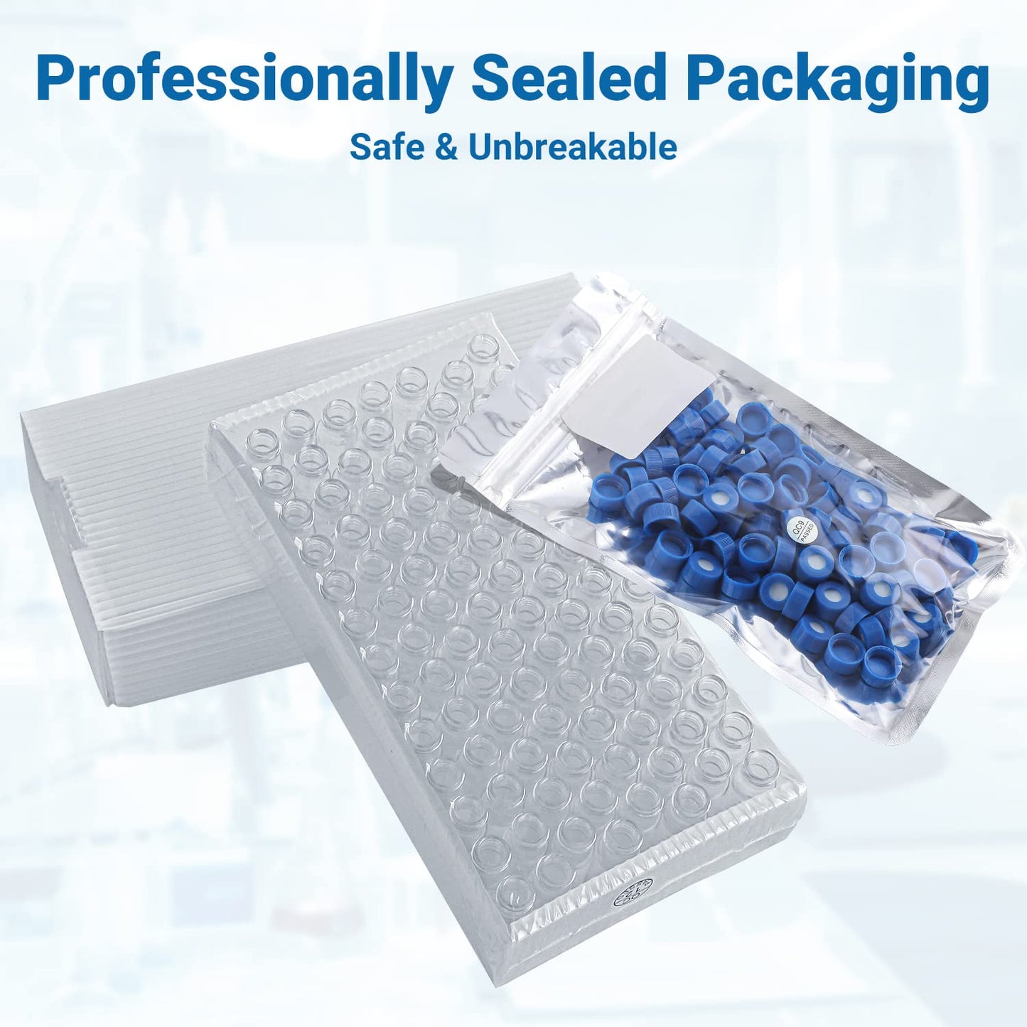 FOUR E'S SCIENTIFIC 2ml Autosampler Vials 1000 Pack - HPLC Vial | 9-425 Amber Vial with Blue Screw Caps | Writing Patch | Graduation | White PTFE & Red Silicone Septa Fit for LC Sampler