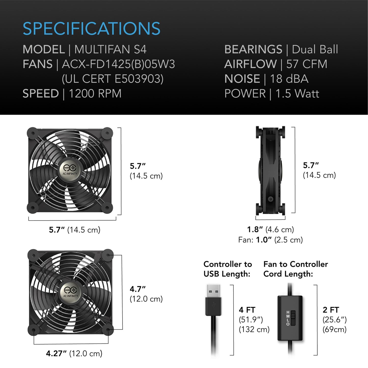 AC Infinity MULTIFAN S7, Quiet Dual 120mm USB Fan, UL-Certified for Receiver DVR PlayStation Xbox Computer Cabinet Cooling