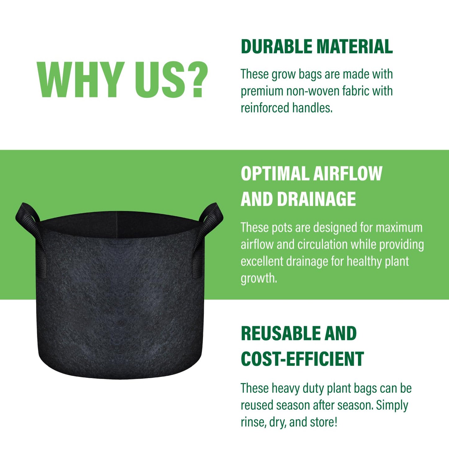 Humboldts Secret Fabric Grow Bags - Non Woven Fabric Plant Pots - Reusable Garden Bags - Plant Grow Bags for Indoor and Outdoor Plants - Thick Fabric Pots with Handles (5-Pack) (10 Gallon)