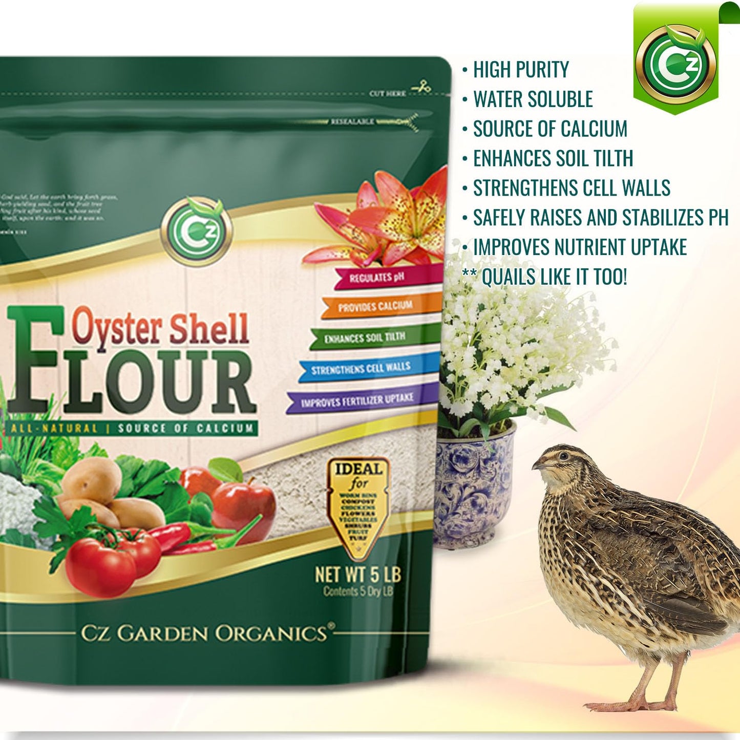 Oyster Shell Flour 5LB – Made in USA Soil Amendment Fertilizer for Indoor/Outdoor Plants & Gardens. High Calcium Supplement for Chickens, Reptiles, Worm Compost Bins, Mushroom Cultivation. OMRI Listed