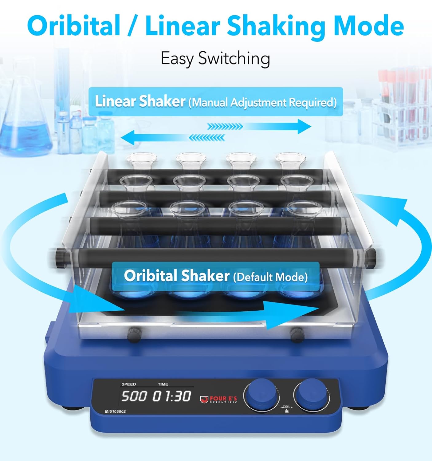 FOUR E'S SCIENTIFIC Orbital and Linear Shaker, Digital Orbital Rotator Shaker with Brushless DC Motor, 20-500 RPM Speed, Max. Load Capacity 7.5 KG